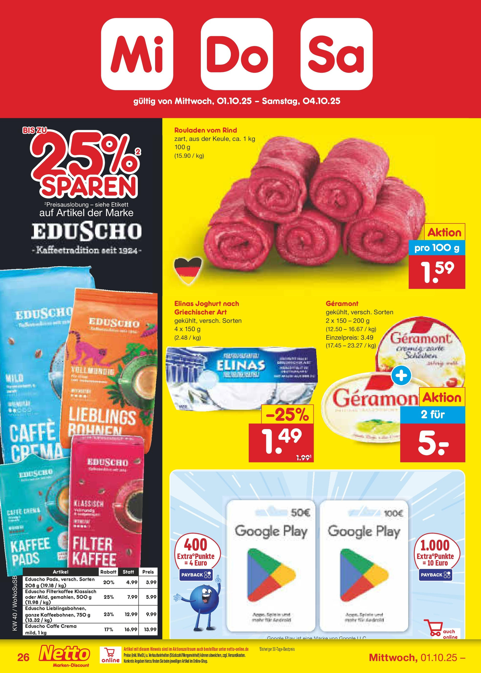Netto Marken-Discount prospekt Frankfurt Am Main	 (ab 28.09.2025) » Angebote | Seite: 30 | Produkte: Geramont, Joghurt, Kaffee, Eduscho