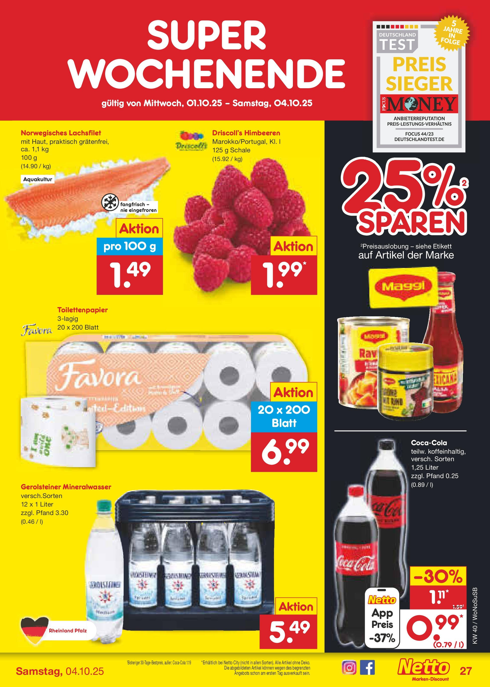 Netto Marken-Discount prospekt Frankfurt Am Main	 (ab 28.09.2025) » Angebote | Seite: 31 | Produkte: Himbeeren, Coca cola, Cola, Gerolsteiner