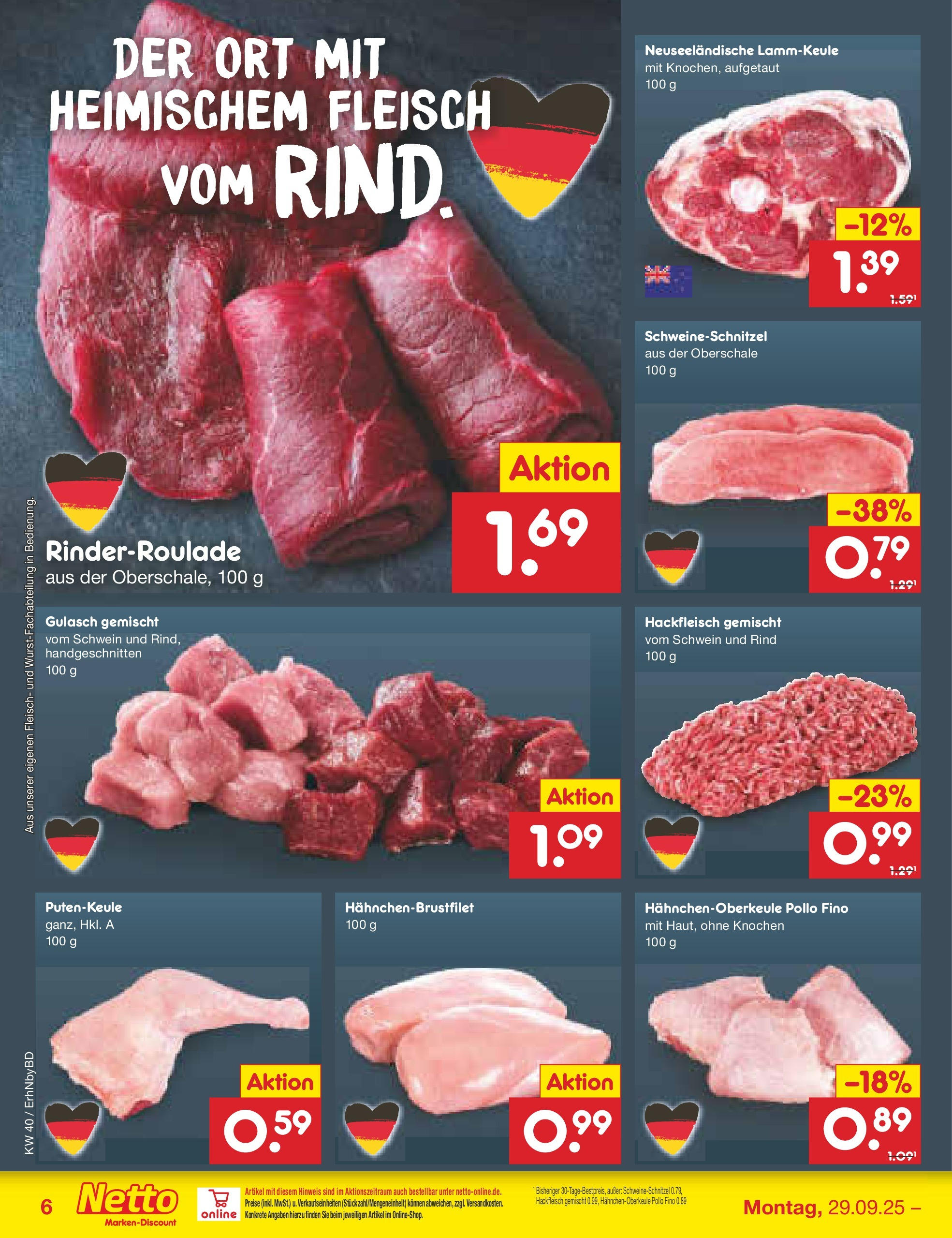 Netto Marken-Discount prospekt Ergolding	 (ab 28.09.2025) » Angebote | Seite: 6 | Produkte: Lammkeule, Gulasch, Fleisch, Hackfleisch