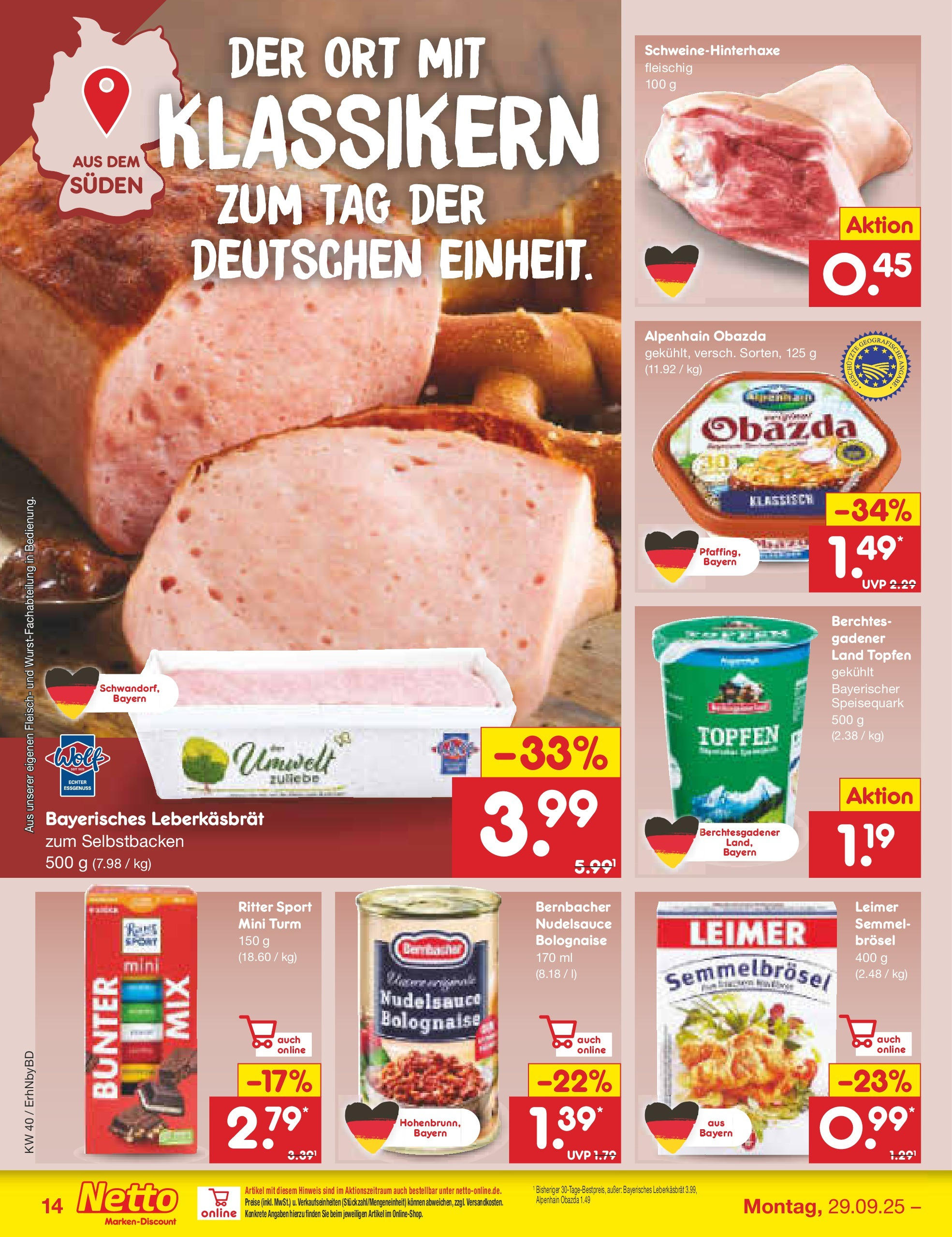 Netto Marken-Discount prospekt Ergolding	 (ab 28.09.2025) » Angebote | Seite: 14 | Produkte: Ritter sport, Fleisch, Speisequark