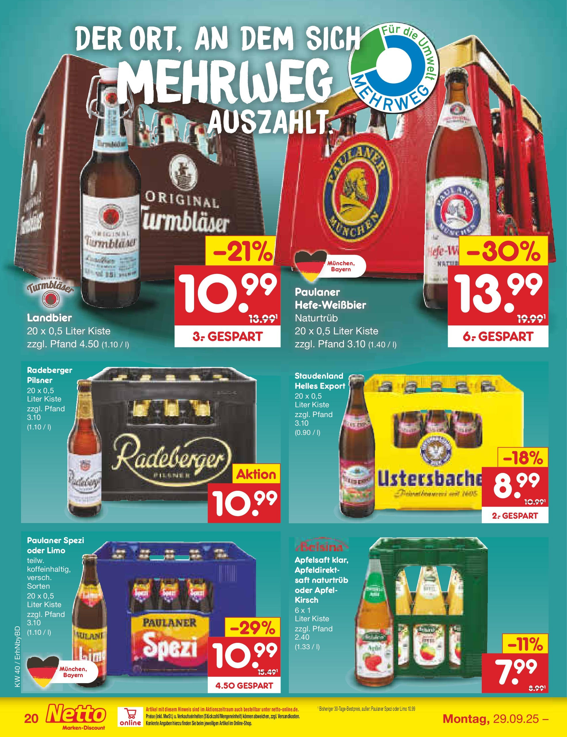 Netto Marken-Discount prospekt Ergolding	 (ab 28.09.2025) » Angebote | Seite: 20 | Produkte: Paulaner spezi, Apfelsaft, Saft, Radeberger pilsner