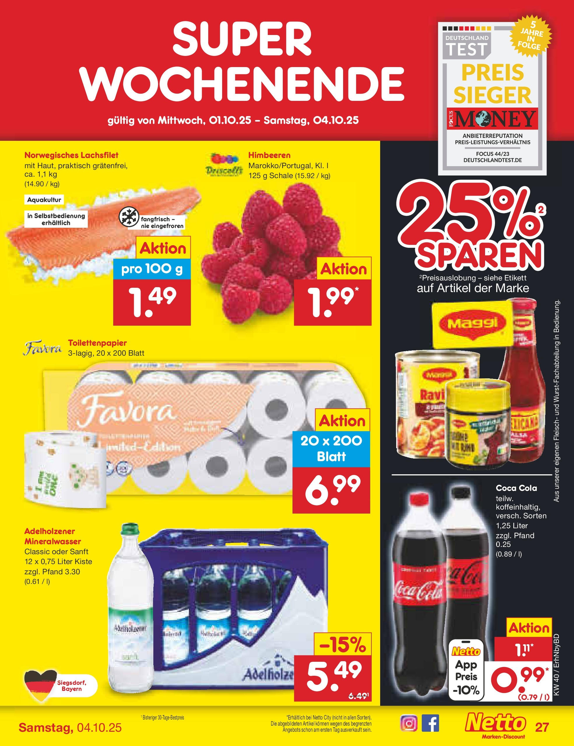 Netto Marken-Discount prospekt Ergolding	 (ab 28.09.2025) » Angebote | Seite: 28 | Produkte: Himbeeren, Coca cola, Cola, Mineralwasser