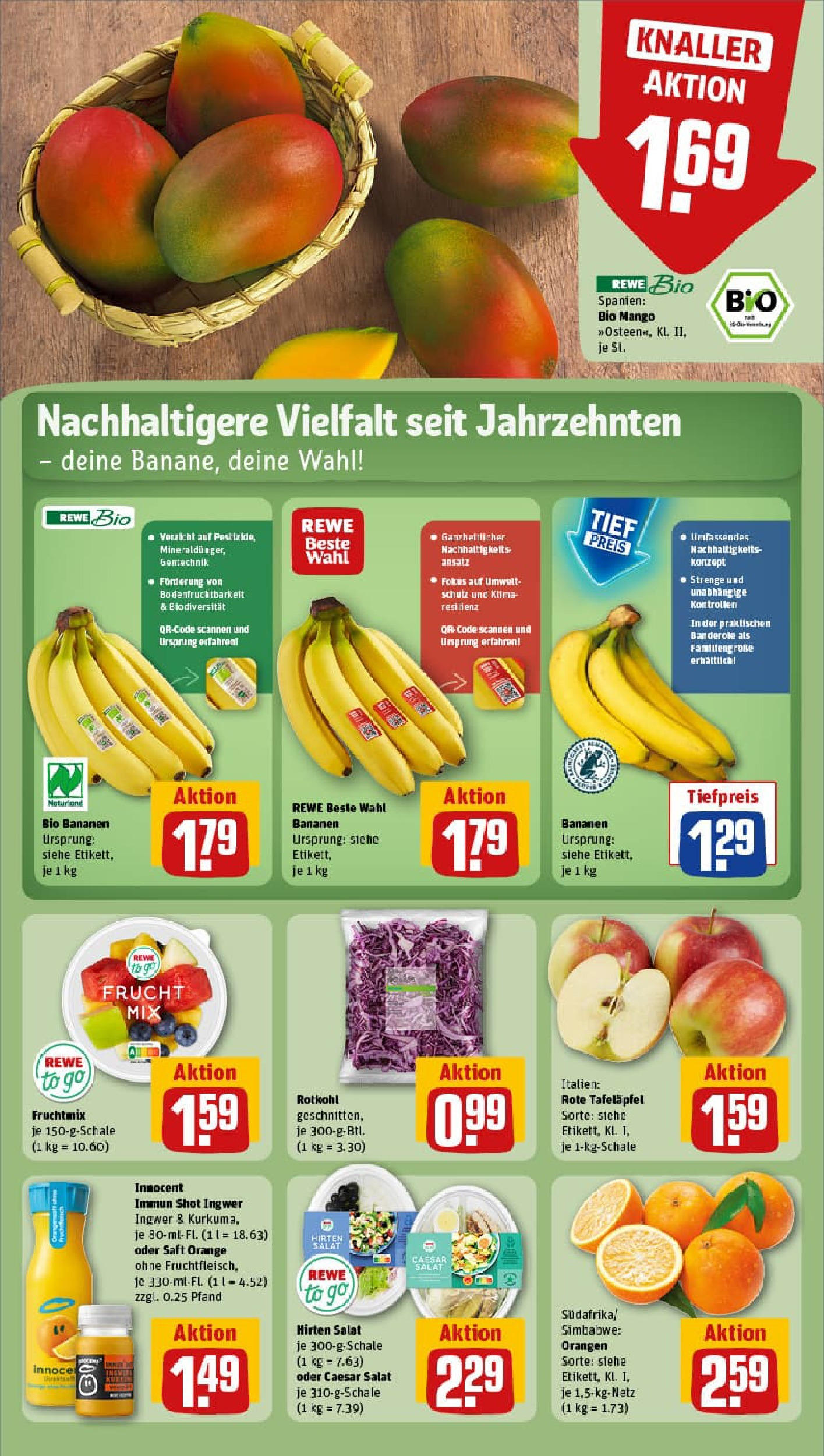 REWE Prospekt ab 28.09.2025 zum Blättern » Angebote | Seite: 10 | Produkte: Bananen, Mango, Saft, Salat