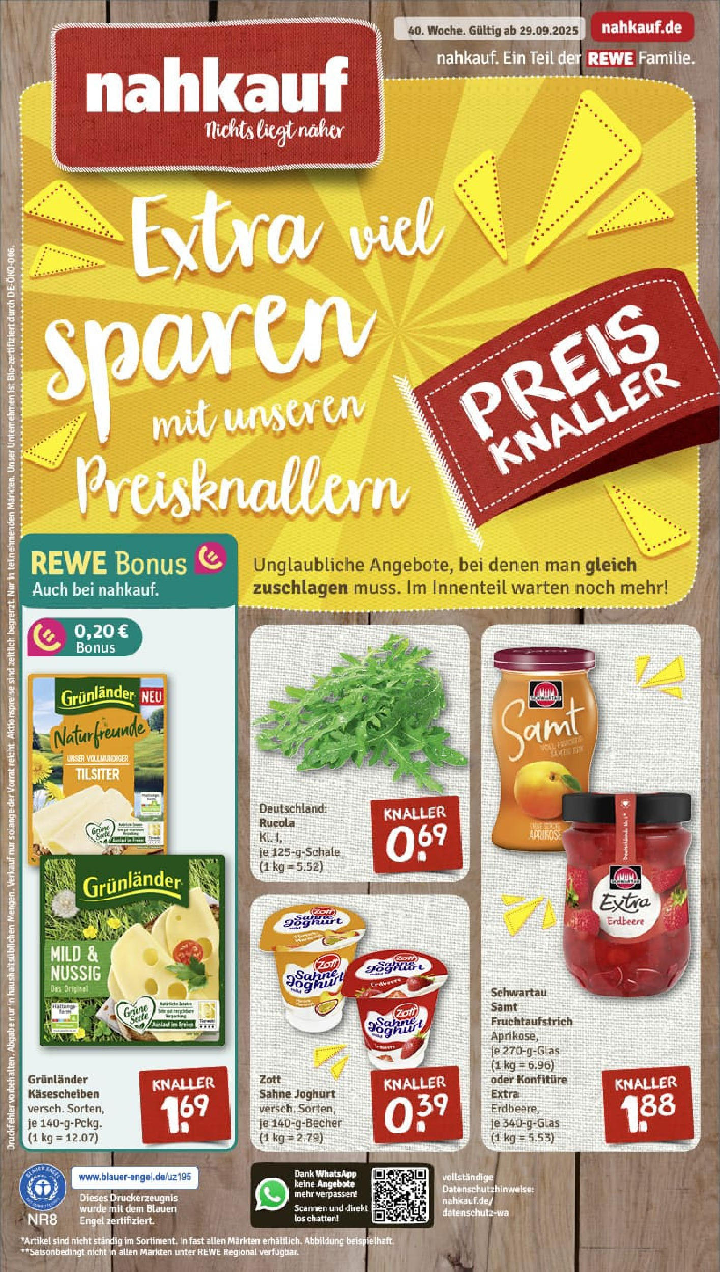 REWE Prospekt ab 28.09.2025 zum Blättern » Angebote | Seite: 1 | Produkte: Joghurt, Schwartau samt, Rucola, Sahne