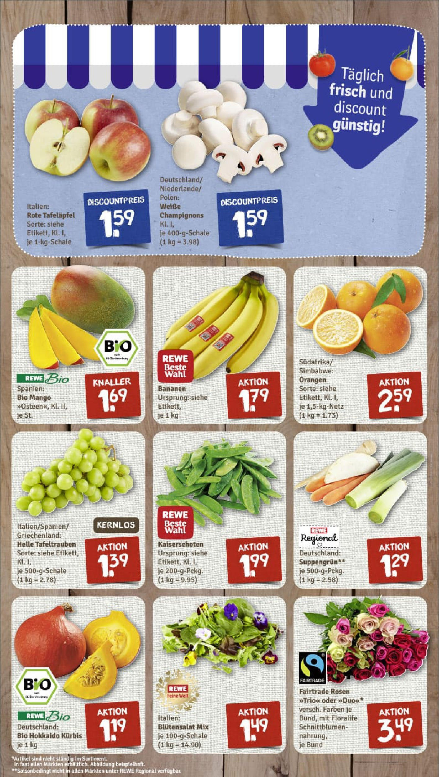 REWE Prospekt ab 28.09.2025 zum Blättern » Angebote | Seite: 3 | Produkte: Bananen, Orangen, Champignons, Mango