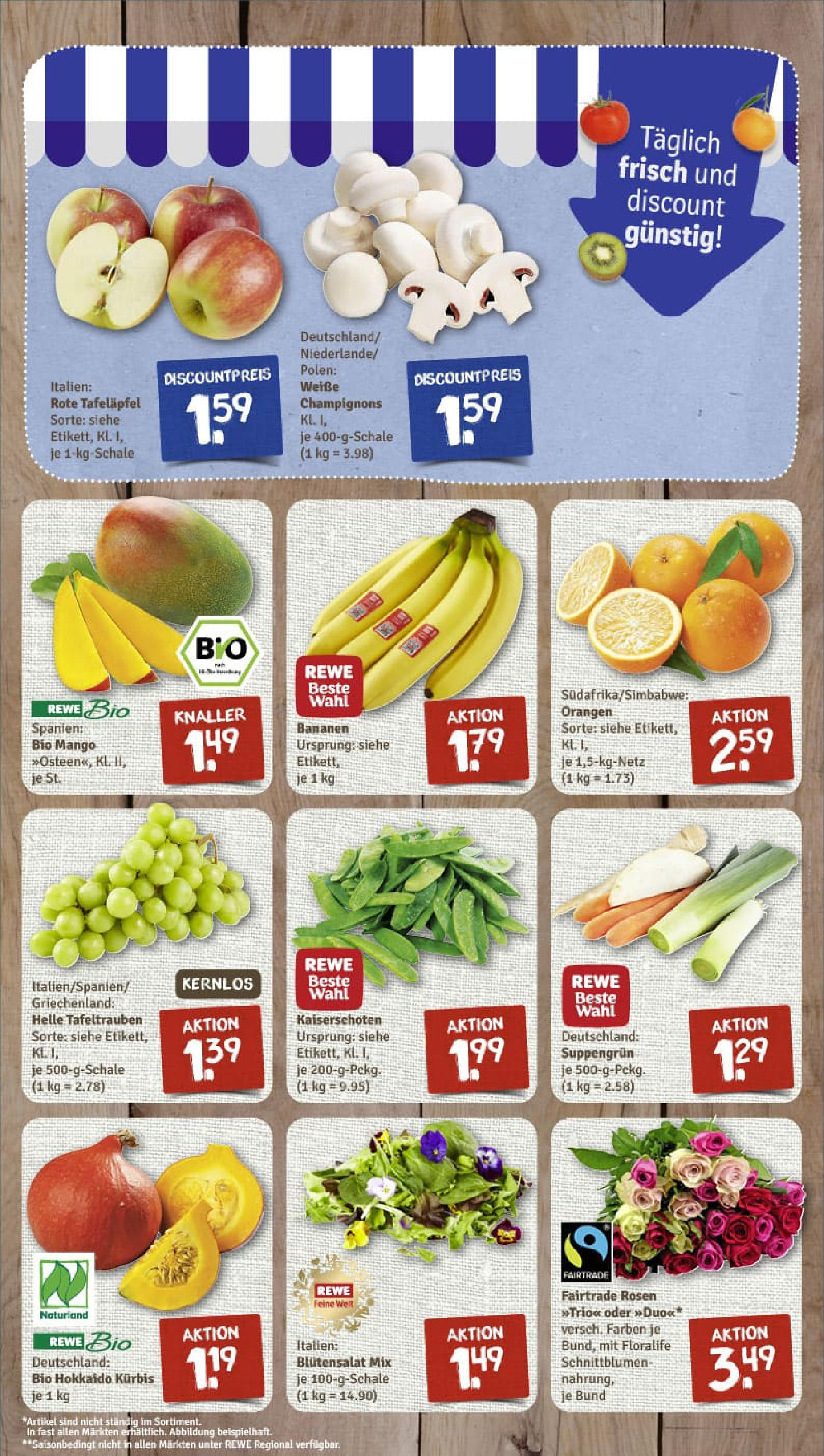 REWE Prospekt ab 28.09.2025 zum Blättern » Angebote | Seite: 3 | Produkte: Bananen, Orangen, Champignons, Mango
