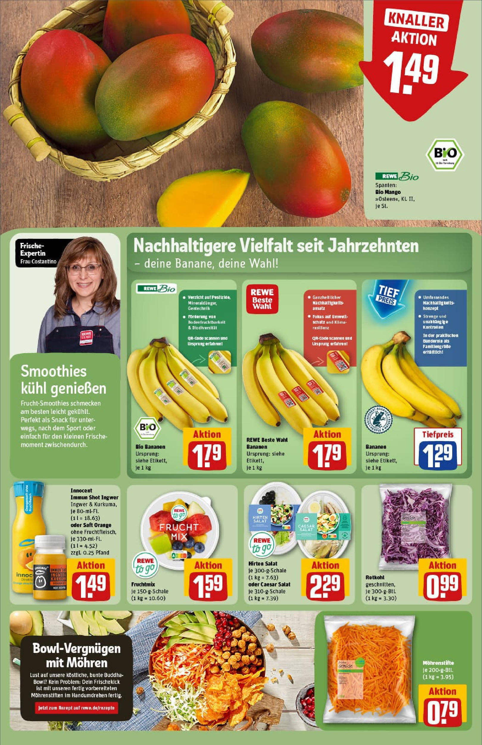 REWE Prospekt ab 28.09.2025 zum Blättern » Angebote | Seite: 10 | Produkte: Rotkohl, Bananen, Mohren, Saft