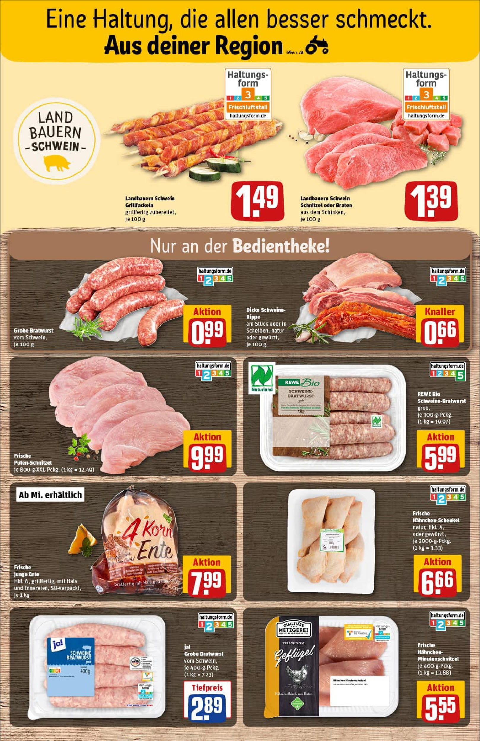 REWE Prospekt ab 28.09.2025 zum Blättern » Angebote | Seite: 14 | Produkte: Hahnchenschenkel, Bratwurst, Putenschnitzel, Ente