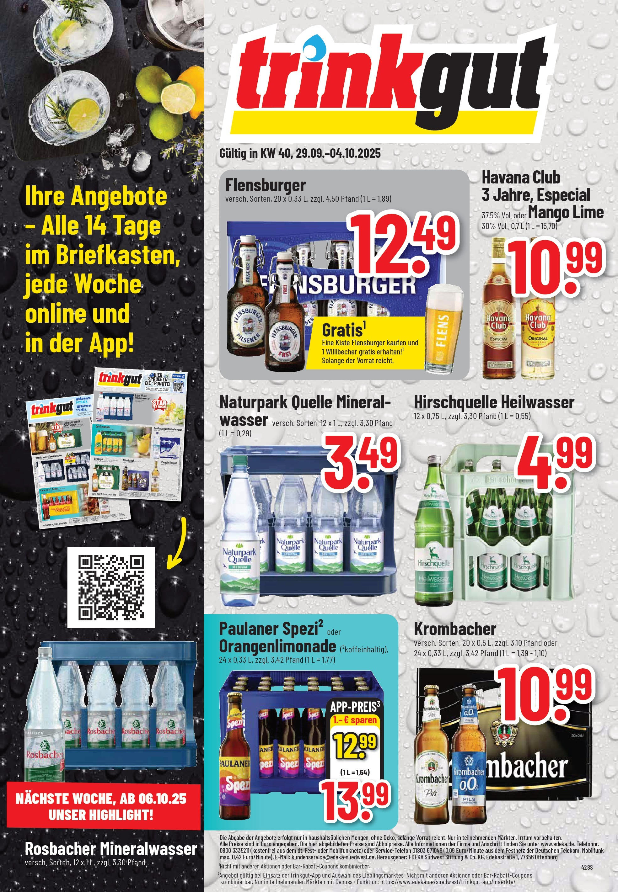 Trinkgut - trinkgut: Wochenangebote (ab 28.09.2025) » Angebote online | Seite: 1 | Produkte: Paulaner spezi, Mineralwasser, Wasser, Krombacher