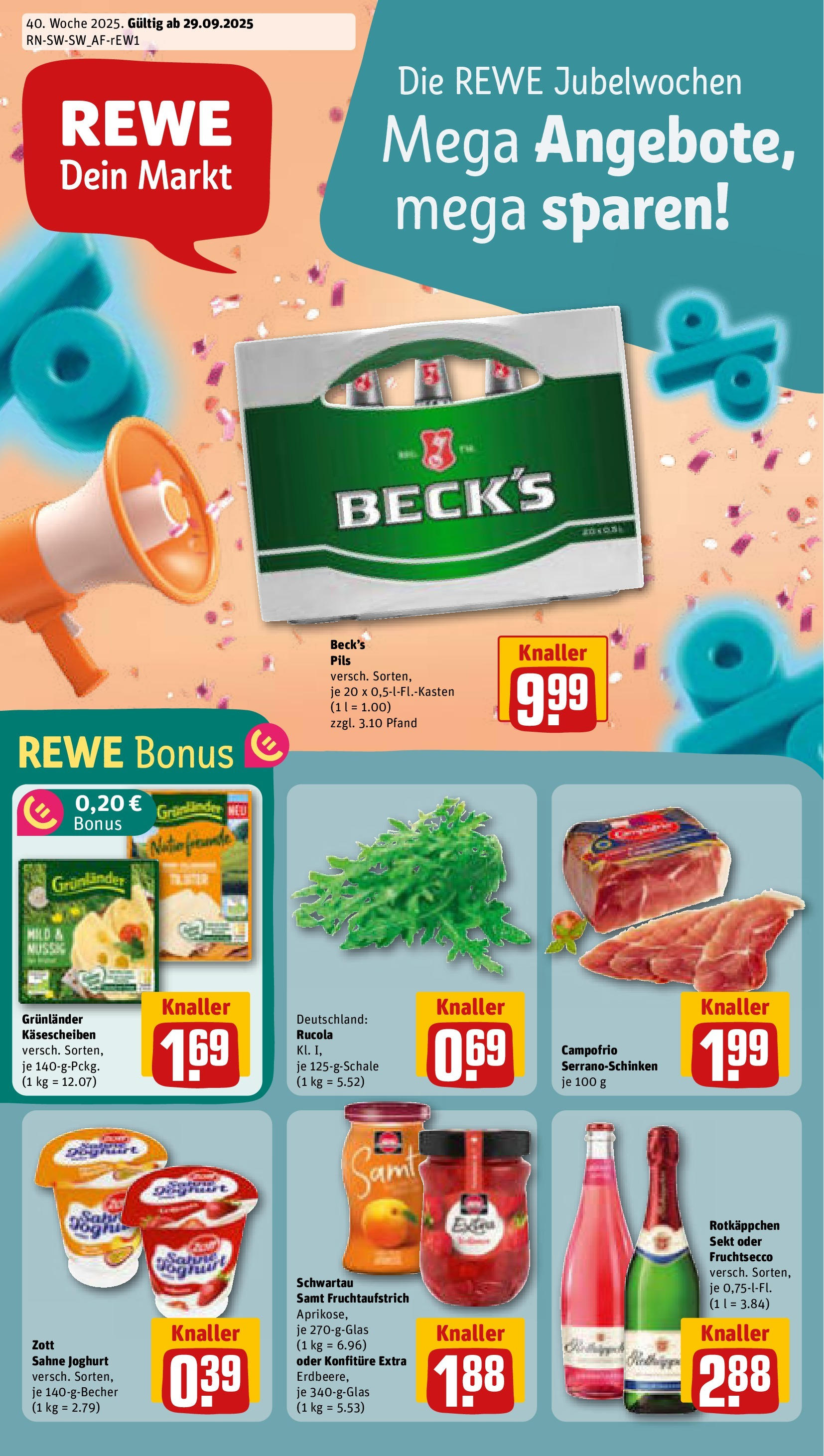 REWE Prospekt ab 28.09.2025 zum Blättern » Angebote | Seite: 1 | Produkte: Rotkappchen sekt, Joghurt, Rucola, Pils