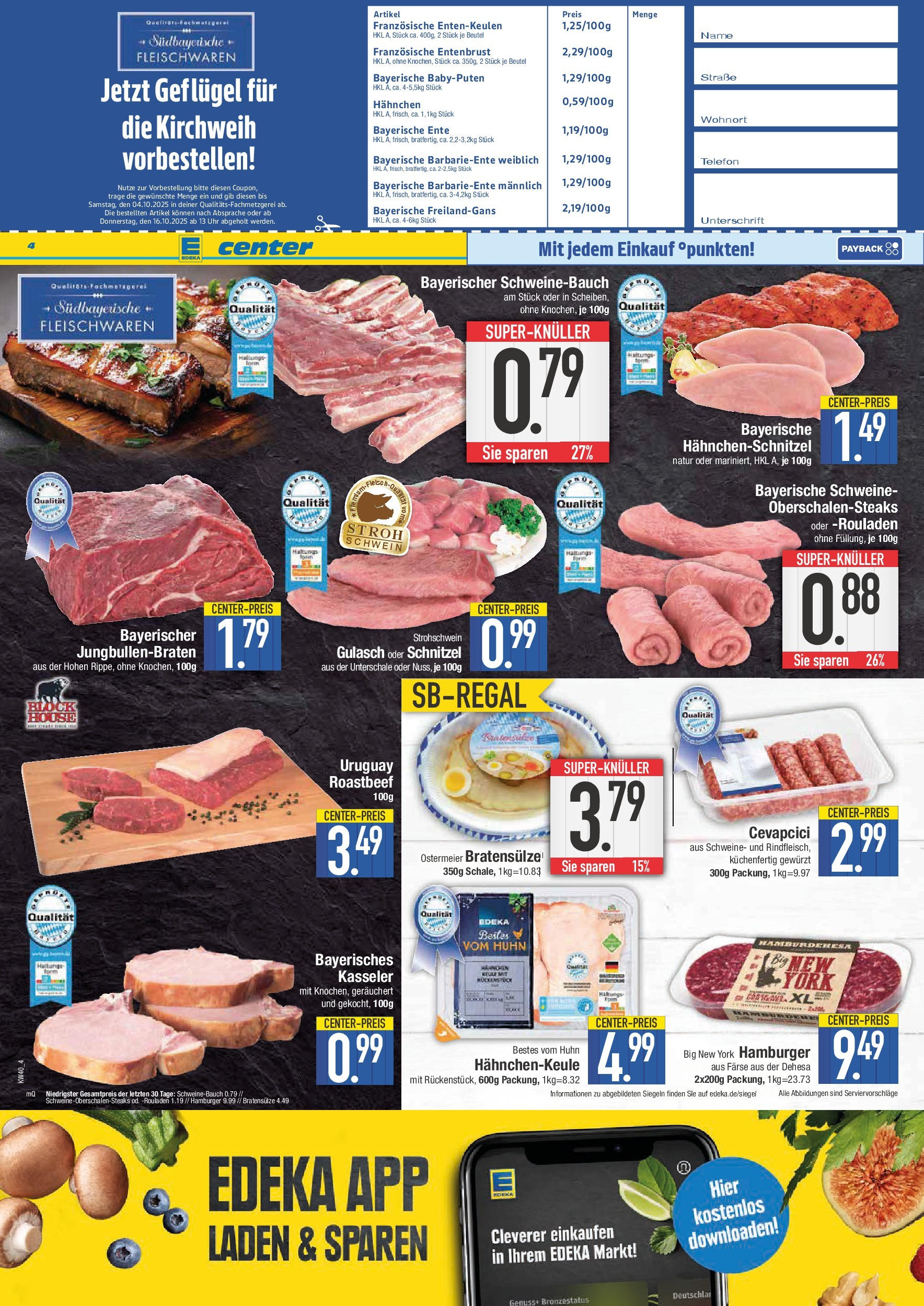 Edeka prospekt Schwabmünchen	 (ab 28.09.2025) » Angebote Online | Seite: 4 | Produkte: Schweinebauch, Cevapcici, Schnitzel, Roastbeef