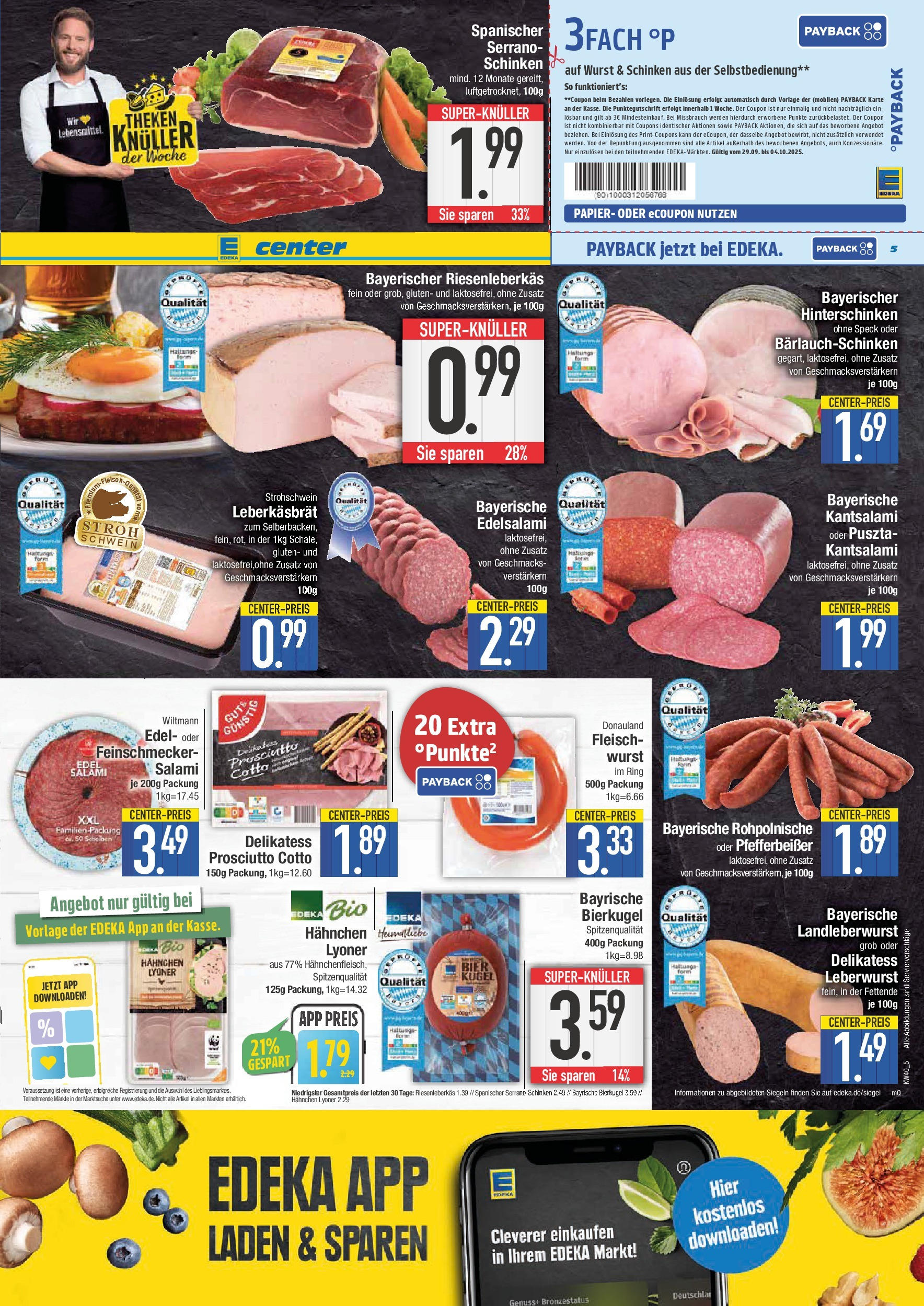 Edeka prospekt Schwabmünchen	 (ab 28.09.2025) » Angebote Online | Seite: 5 | Produkte: Hahnchen, Wurst, Serrano schinken, Fleisch