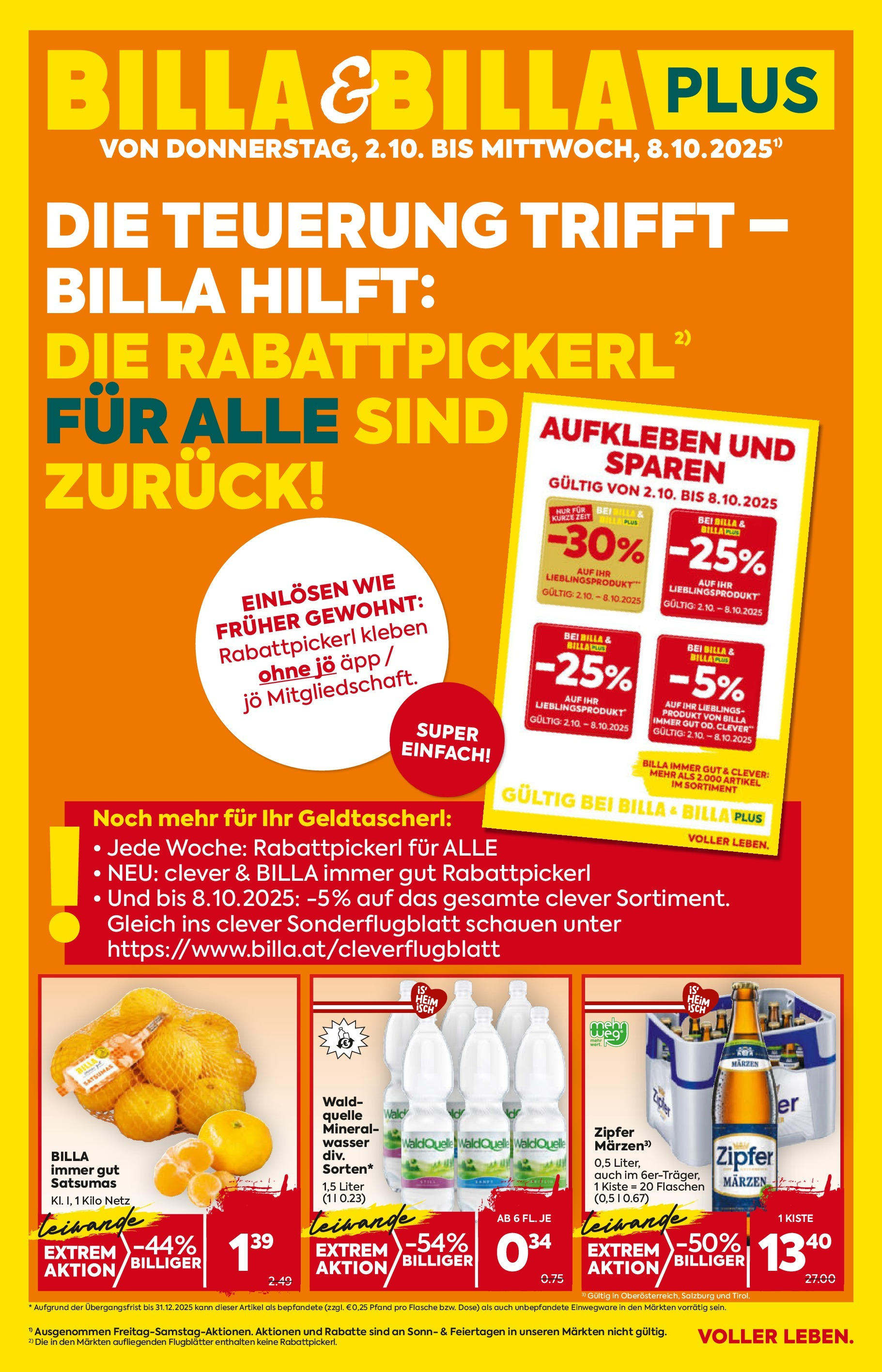 Billa Flugblatt - Grieskirchen, Wallern An Der Trattnach, Ansfelden ab 02.10.2025 - Angebote, Prospekt | Seite: 1 | Produkte: Wasser