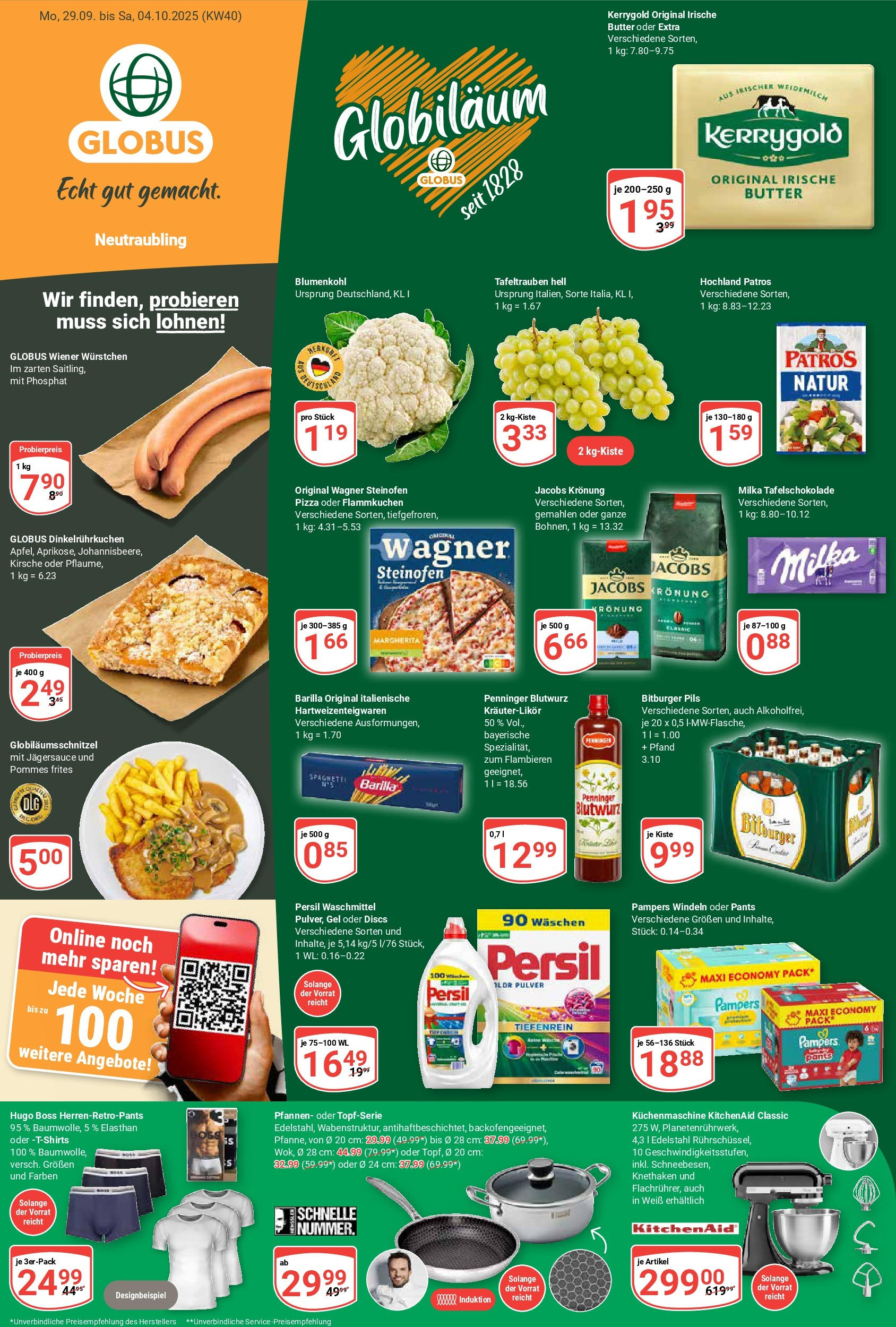 Globus prospekt Neutraubling	 (ab 28.09.2025) » Angebote online | Seite: 1 | Produkte: Bitburger, Patros, Milka, Blumenkohl