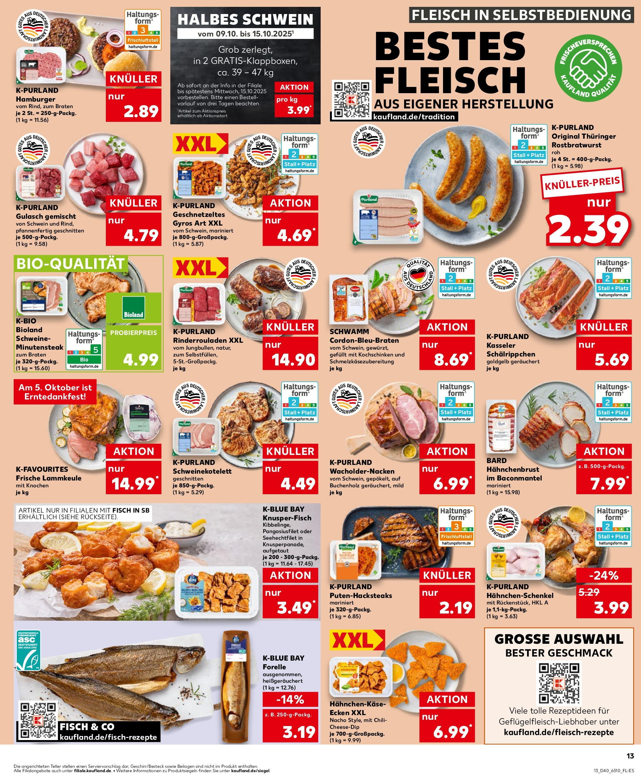 Prospekt Kaufland ab 02.10.2025 » Angebote Online zum Blättern | Seite: 13 | Produkte: Hahnchenschenkel, Fisch, Gulasch, Hahnchenbrust
