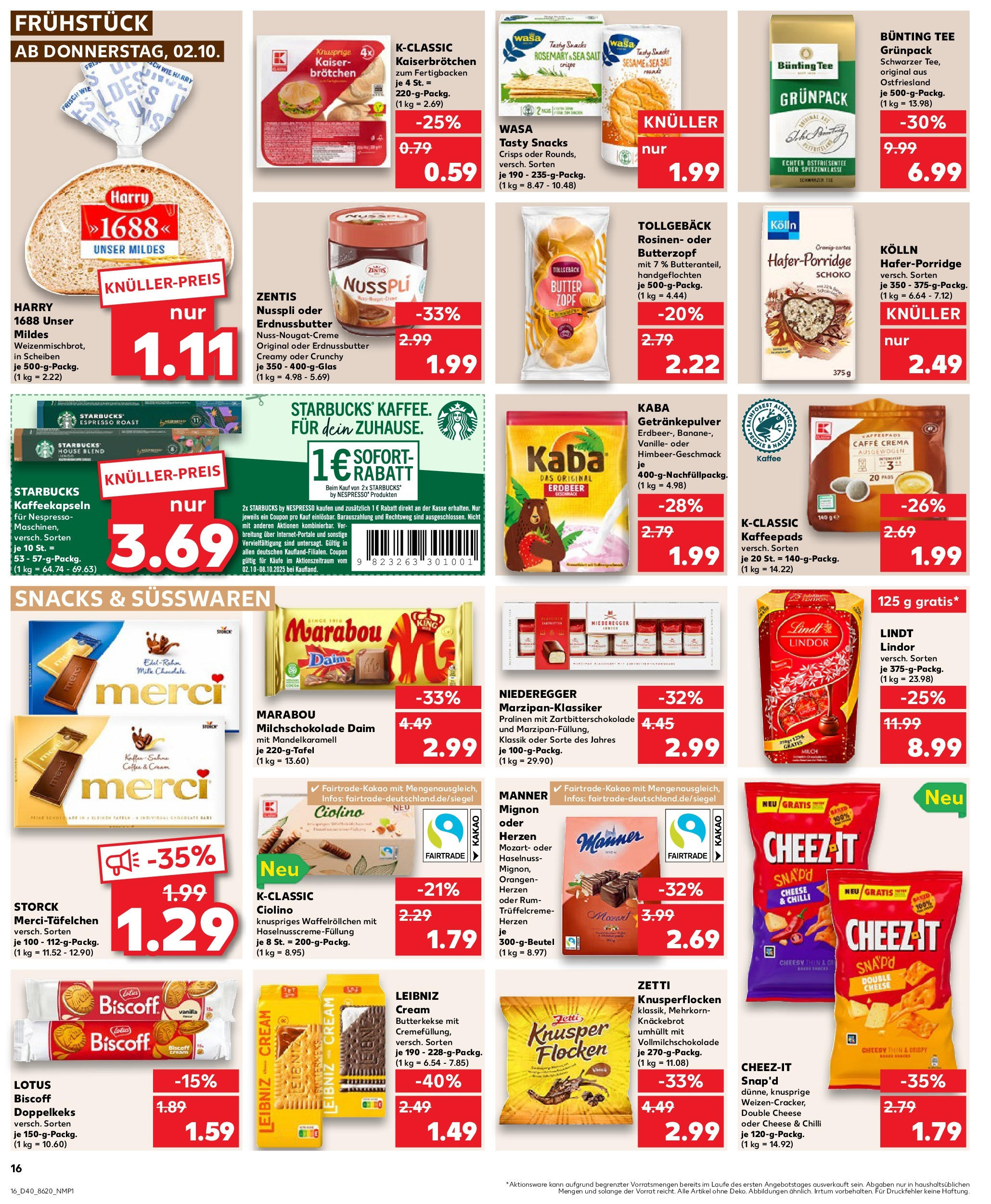 Prospekt Kaufland ab 02.10.2025 » Angebote Online zum Blättern | Seite: 16 | Produkte: Rum, Starbucks, Lindt, Zentis nusspli
