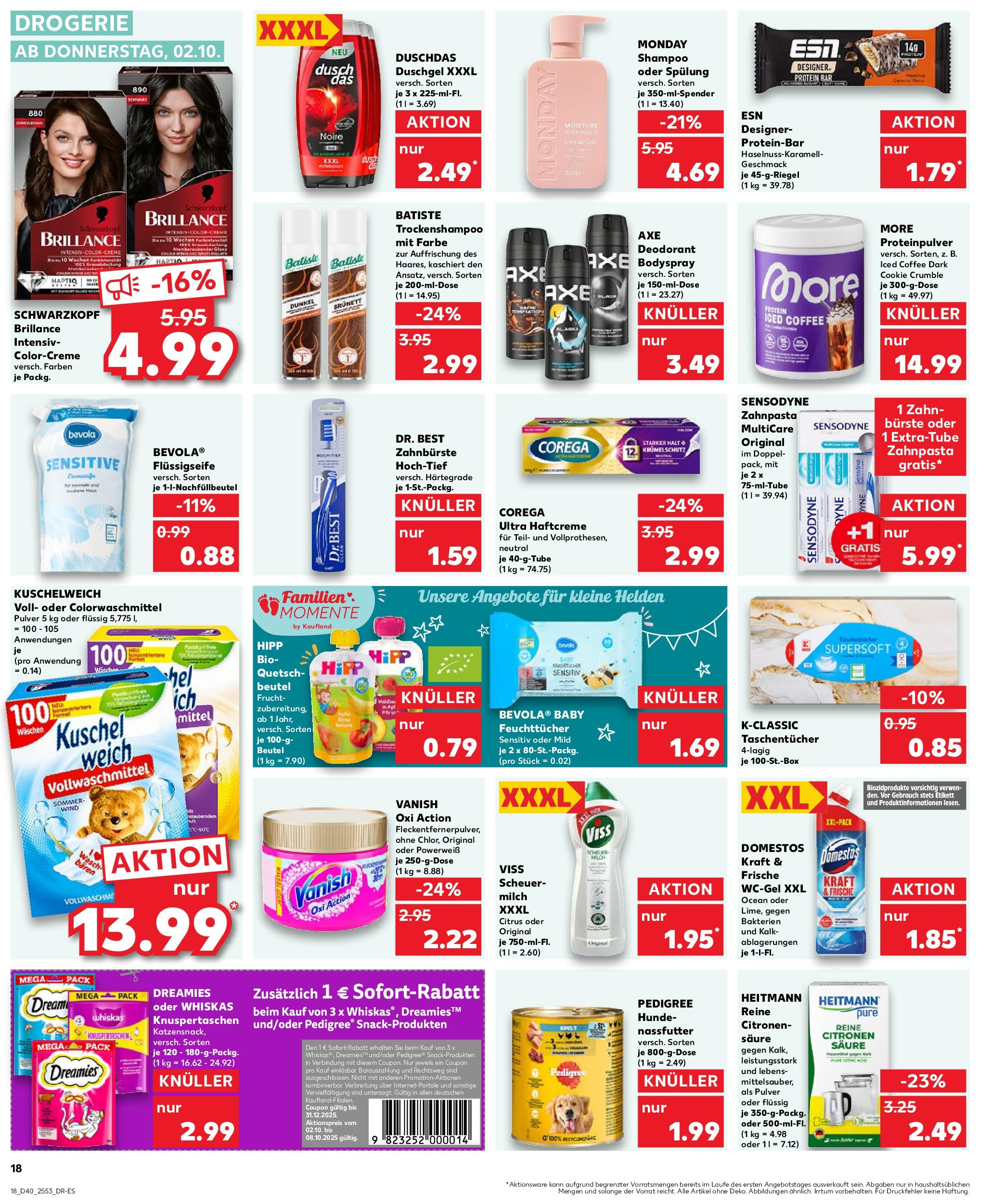 Prospekt Kaufland ab 02.10.2025 » Angebote Online zum Blättern | Seite: 18 | Produkte: Milch, Shampoo, Zahnpasta, Axe
