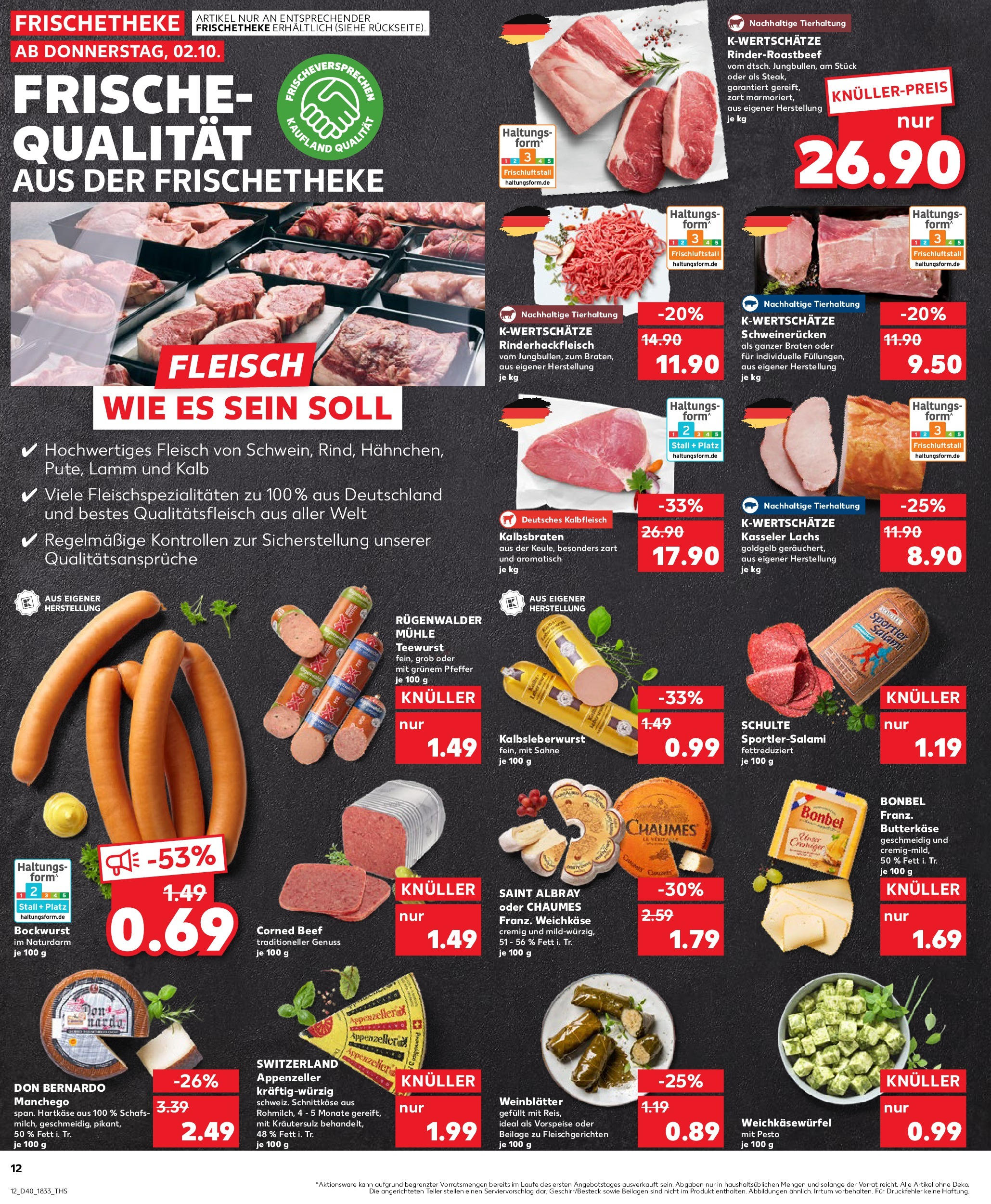 Prospekt Kaufland ab 02.10.2025 » Angebote Online zum Blättern | Seite: 12 | Produkte: Bockwurst, Lachs, Schweinerucken, Salami