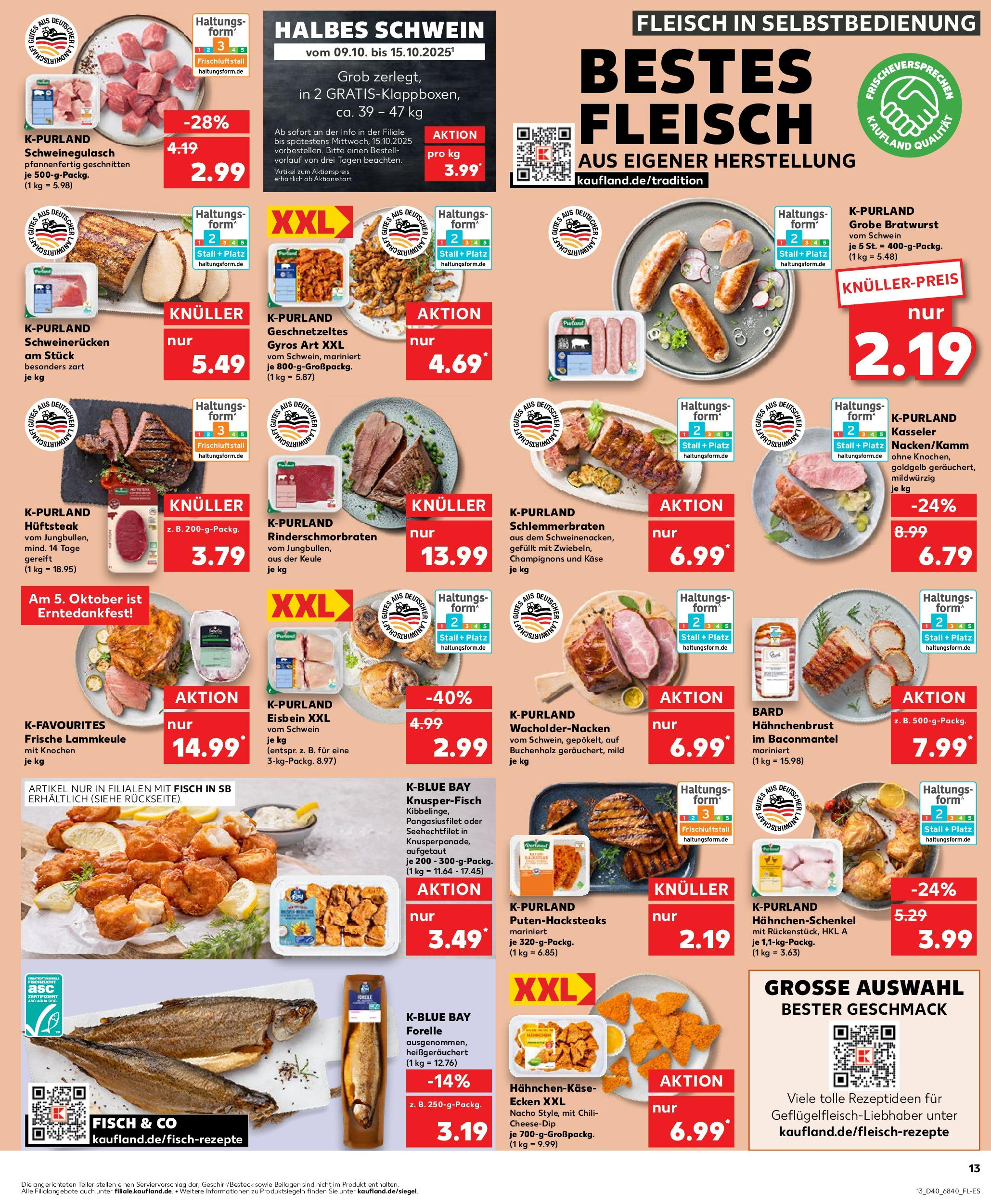 Prospekt Kaufland ab 02.10.2025 » Angebote Online zum Blättern | Seite: 13 | Produkte: Schweinegulasch, Käse, Fleisch, Hahnchenbrust