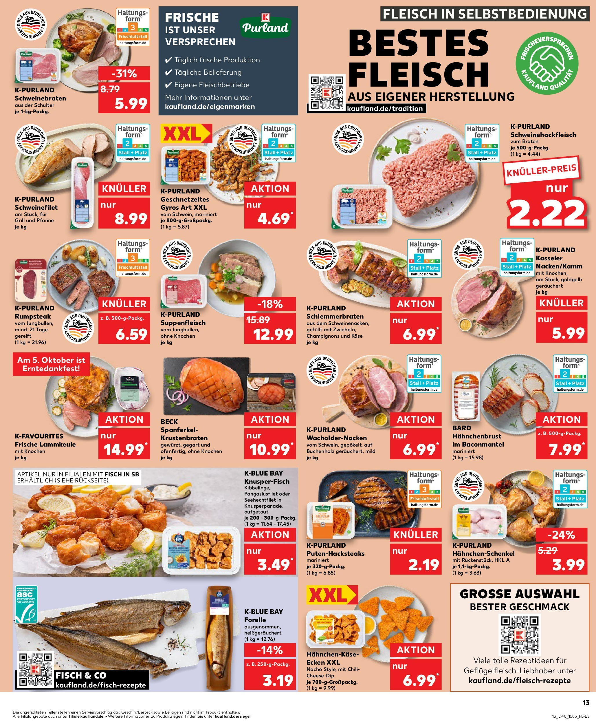 Prospekt Kaufland ab 02.10.2025 » Angebote Online zum Blättern | Seite: 13 | Produkte: Lammkeule, Suppenfleisch, Steak, Hahnchenbrust