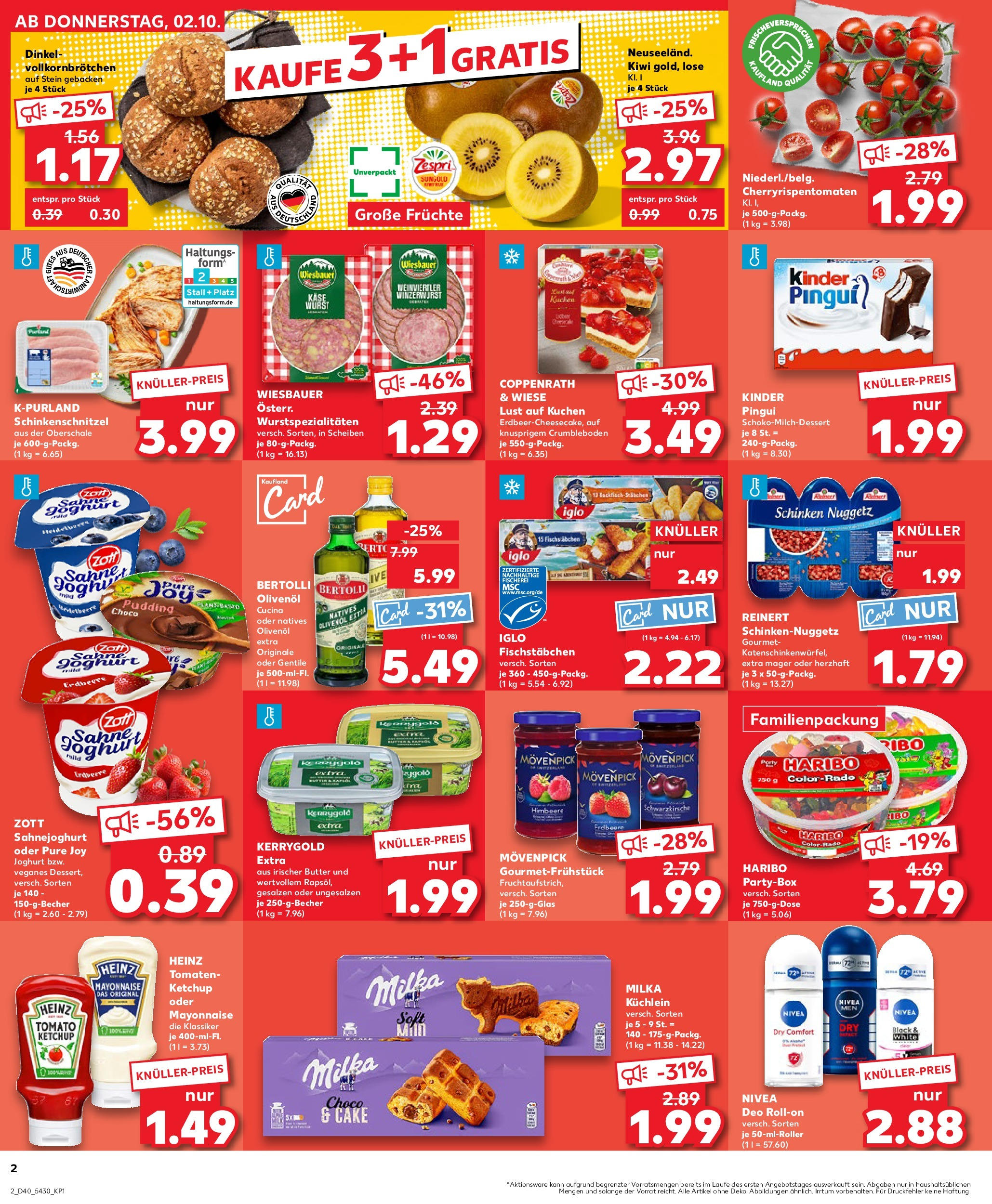 Prospekt Kaufland ab 02.10.2025 » Angebote Online zum Blättern | Seite: 2 | Produkte: Bertolli olivenol, Pudding, Deodorant, Fischstabchen