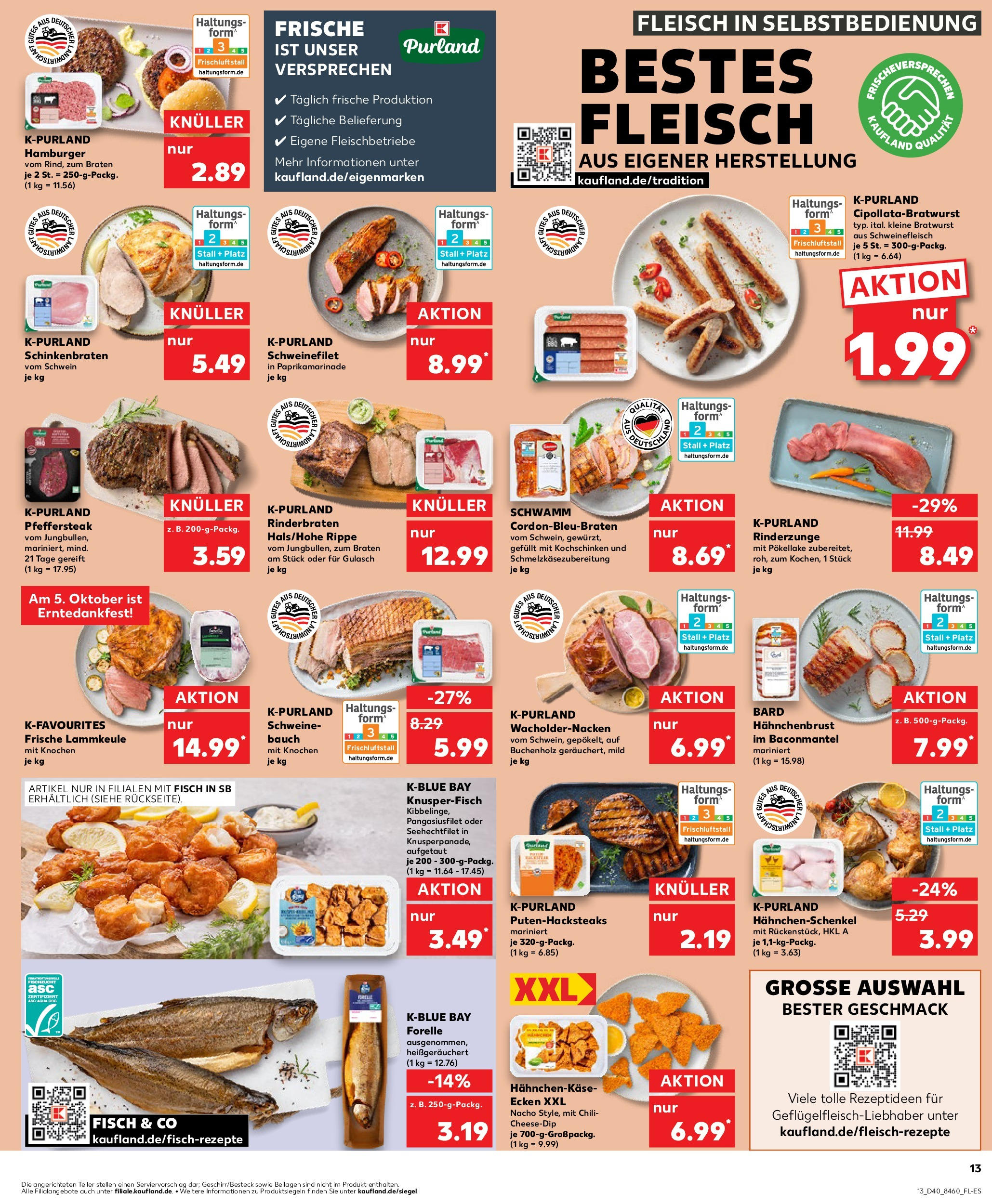 Prospekt Kaufland ab 02.10.2025 » Angebote Online zum Blättern | Seite: 13 | Produkte: Rinderbraten, Schweinebauch, Fisch, Schweinefleisch