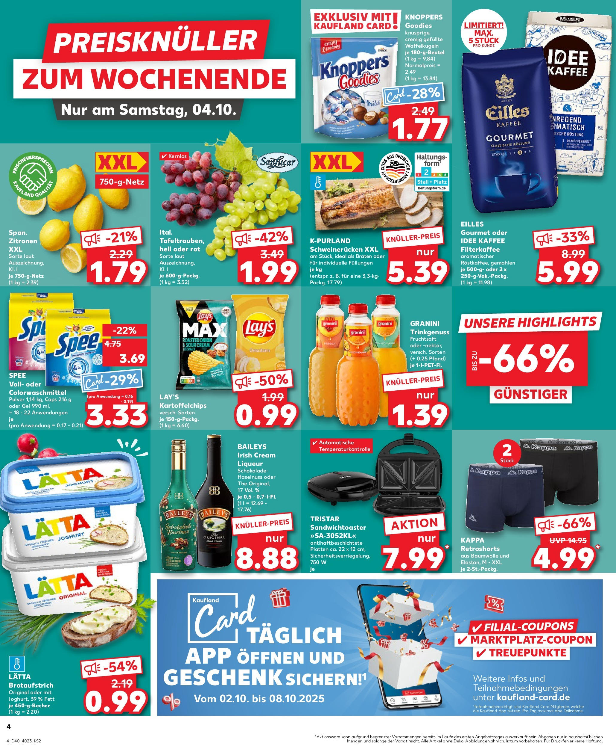 Prospekt Kaufland ab 02.10.2025 » Angebote Online zum Blättern | Seite: 4 | Produkte: Kaffee, Baileys, Chips, Zitronen