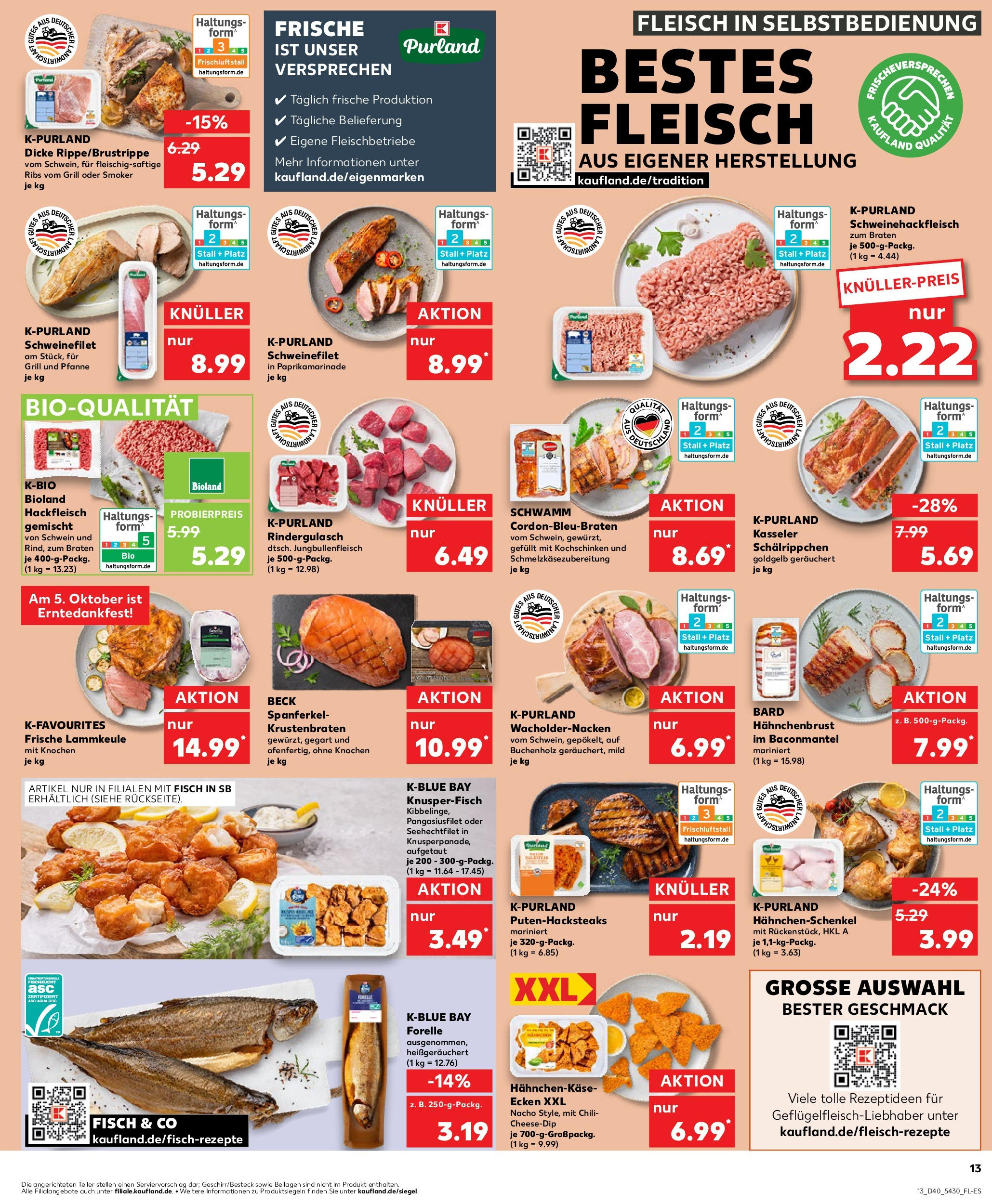 Prospekt Kaufland ab 02.10.2025 » Angebote Online zum Blättern | Seite: 13 | Produkte: Rindergulasch, Krustenbraten, Fisch, Fleisch