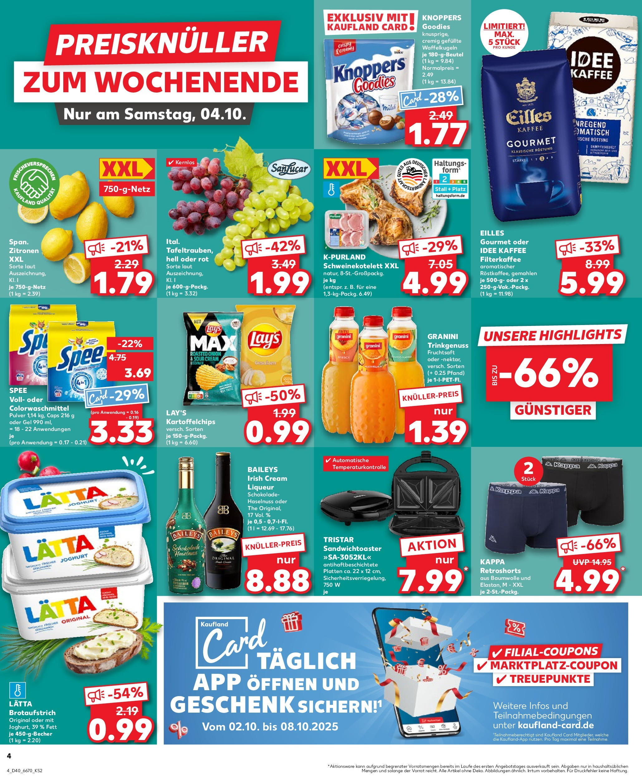 Prospekt Kaufland ab 02.10.2025 » Angebote Online zum Blättern | Seite: 4 | Produkte: Baileys, Lätta, Chips, Zitronen