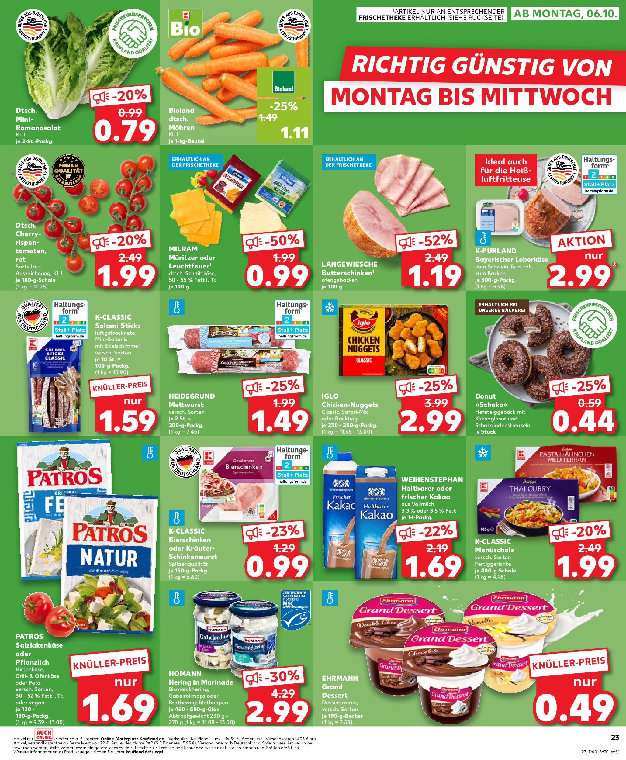 Prospekt Kaufland ab 02.10.2025 » Angebote Online zum Blättern | Seite: 23 | Produkte: Hahnchen, Patros, Milram, Leberkase
