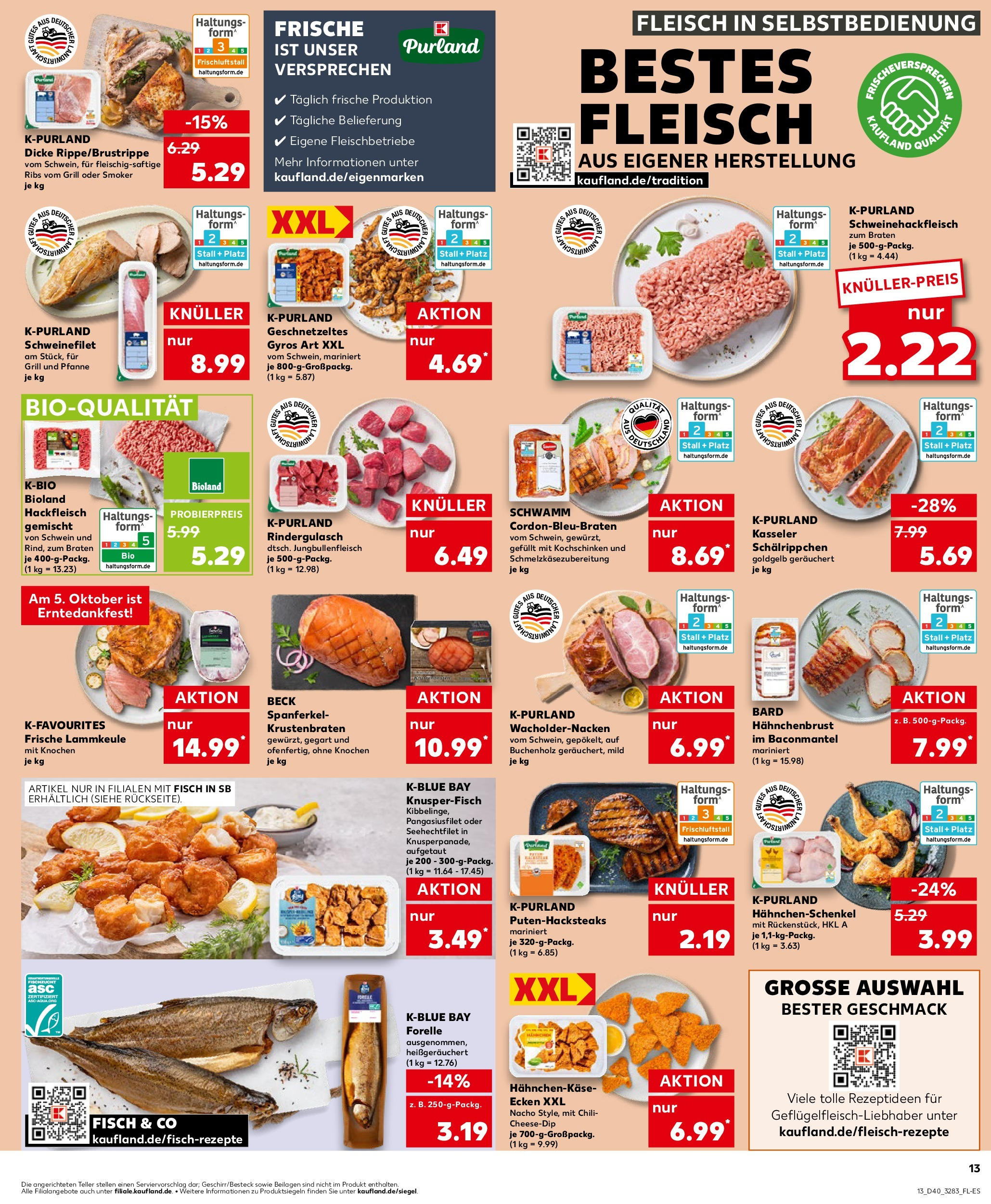 Prospekt Kaufland ab 02.10.2025 » Angebote Online zum Blättern | Seite: 13 | Produkte: Lammkeule, Rindergulasch, Krustenbraten, Fisch