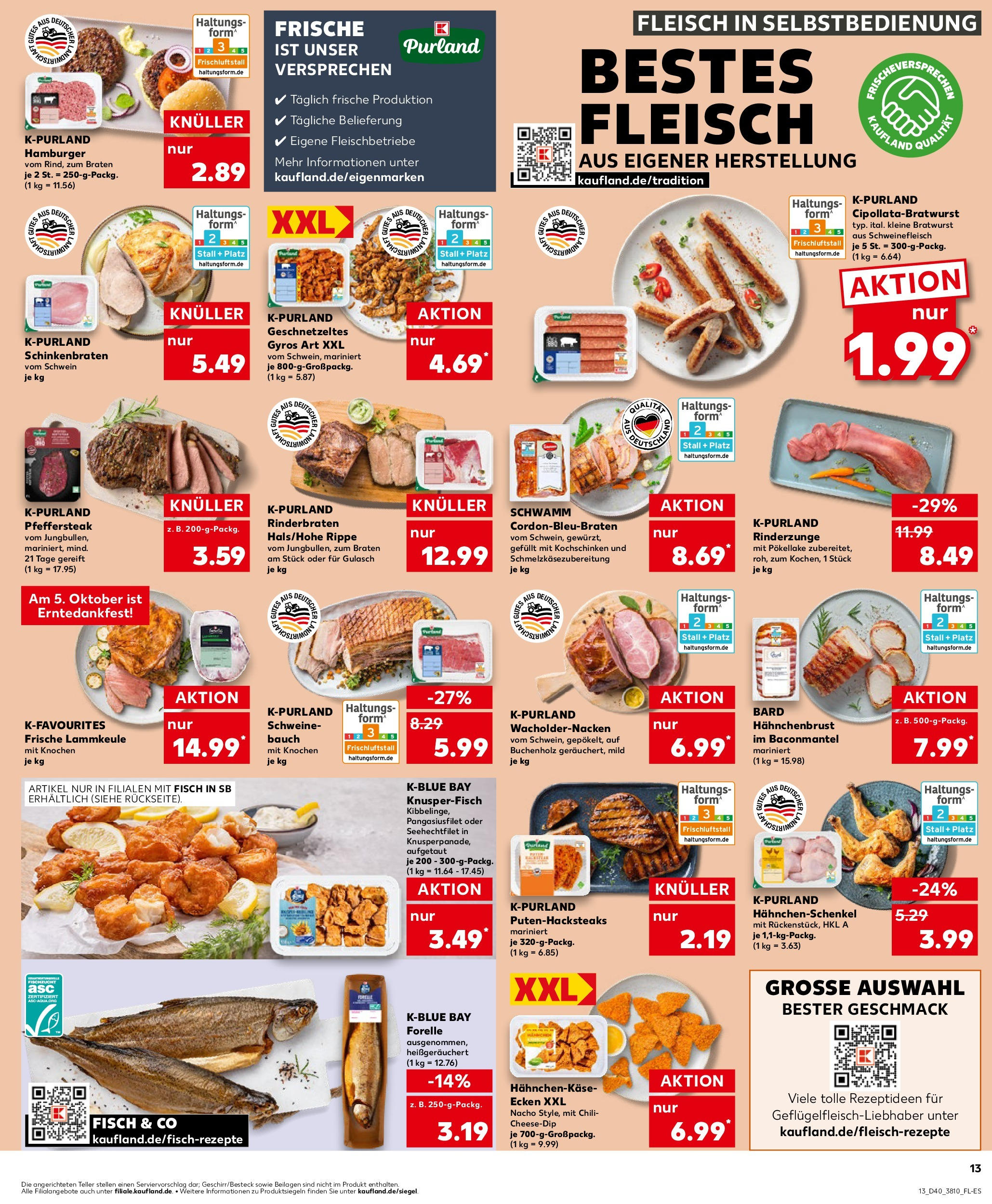 Prospekt Kaufland ab 02.10.2025 » Angebote Online zum Blättern | Seite: 13 | Produkte: Hahnchenschenkel, Gyros, Gulasch, Hahnchenbrust