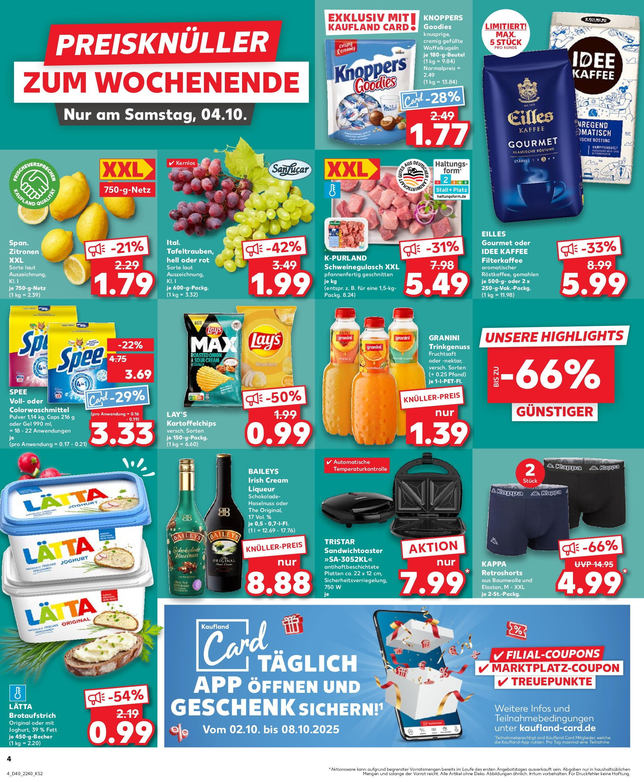 Prospekt Kaufland ab 02.10.2025 » Angebote Online zum Blättern | Seite: 4 | Produkte: Idee kaffee, Spee, Baileys, Knoppers