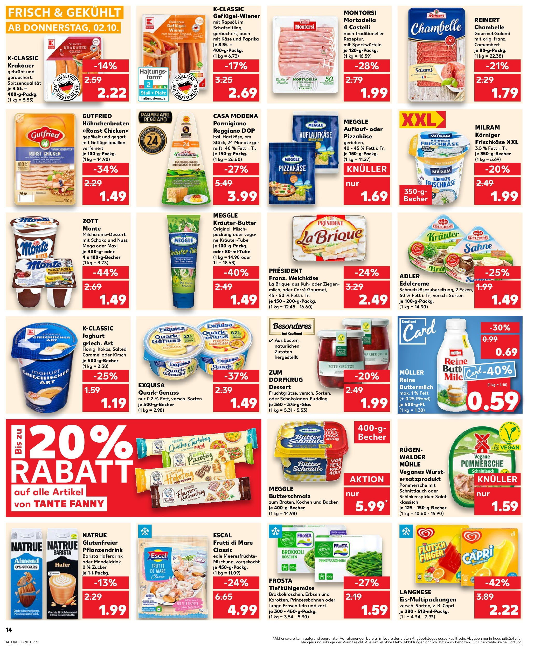 Prospekt Kaufland ab 02.10.2025 » Angebote Online zum Blättern | Seite: 14 | Produkte: Tiefkühlgemüse, Meeresfrüchte, Pizza, Frischkase