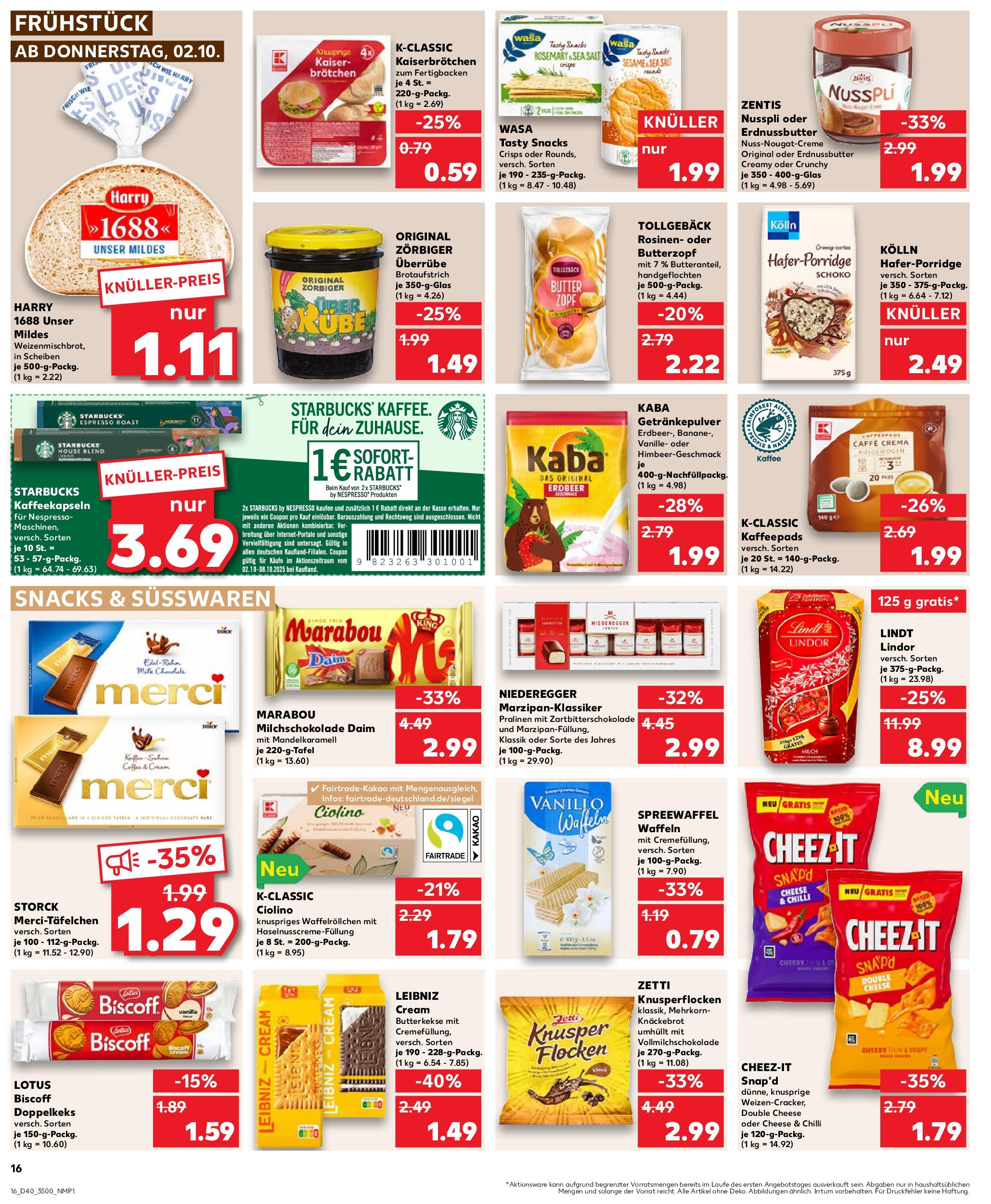 Prospekt Kaufland ab 02.10.2025 » Angebote Online zum Blättern | Seite: 16 | Produkte: Starbucks, Waffeln, Rosinen, Flocken
