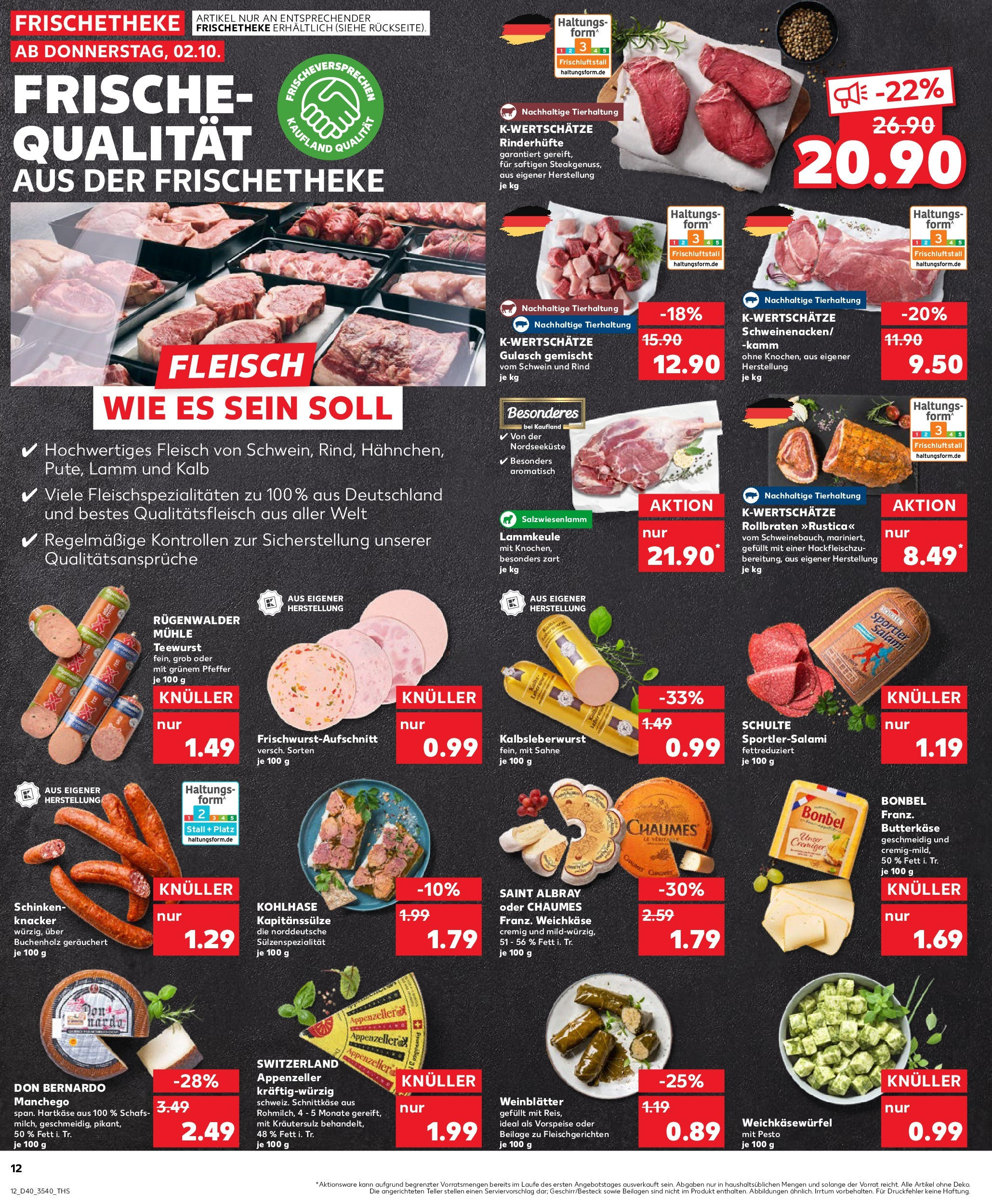 Prospekt Kaufland ab 02.10.2025 » Angebote Online zum Blättern | Seite: 12 | Produkte: Lammkeule, Schinken, Sahne, Fleisch