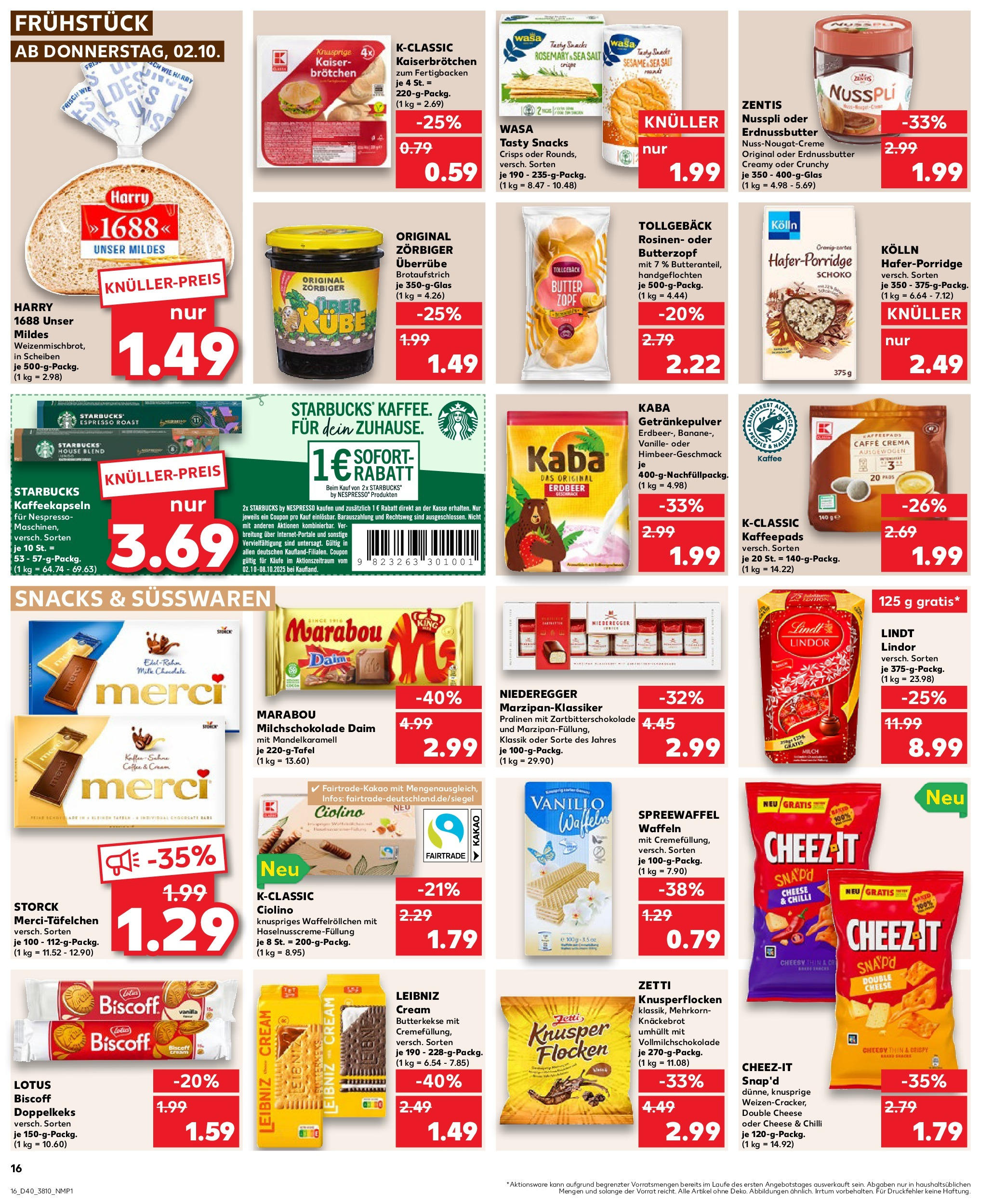 Prospekt Kaufland ab 02.10.2025 » Angebote Online zum Blättern | Seite: 16 | Produkte: Kaffeepads, Butter, Butterkekse, Rosinen