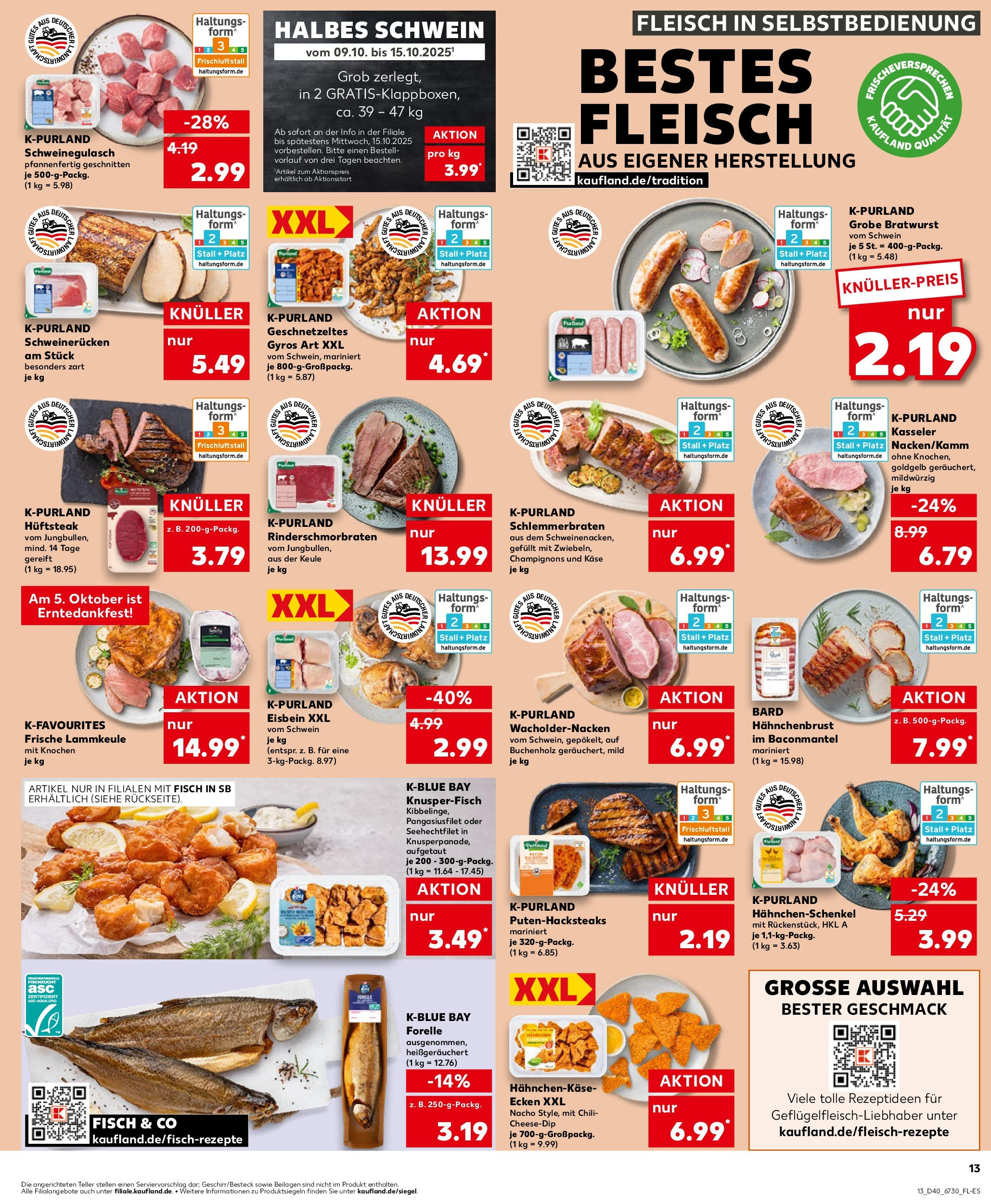 Prospekt Kaufland ab 02.10.2025 » Angebote Online zum Blättern | Seite: 13 | Produkte: Hahnchenschenkel, Bratwurst, Schweinerucken, Fleisch