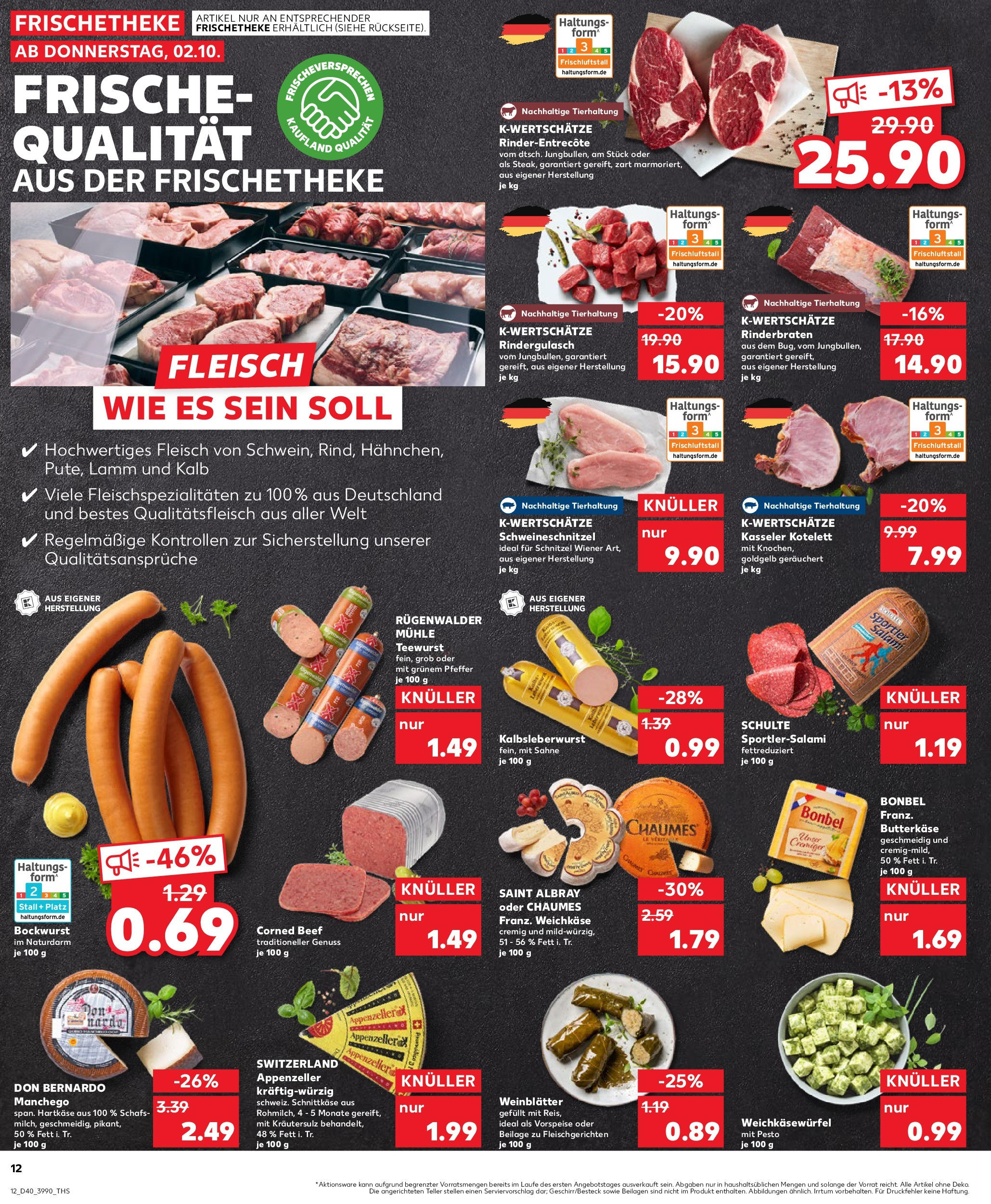 Prospekt Kaufland ab 02.10.2025 » Angebote Online zum Blättern | Seite: 12 | Produkte: Rinderbraten, Schnitzel, Salami, Fleisch