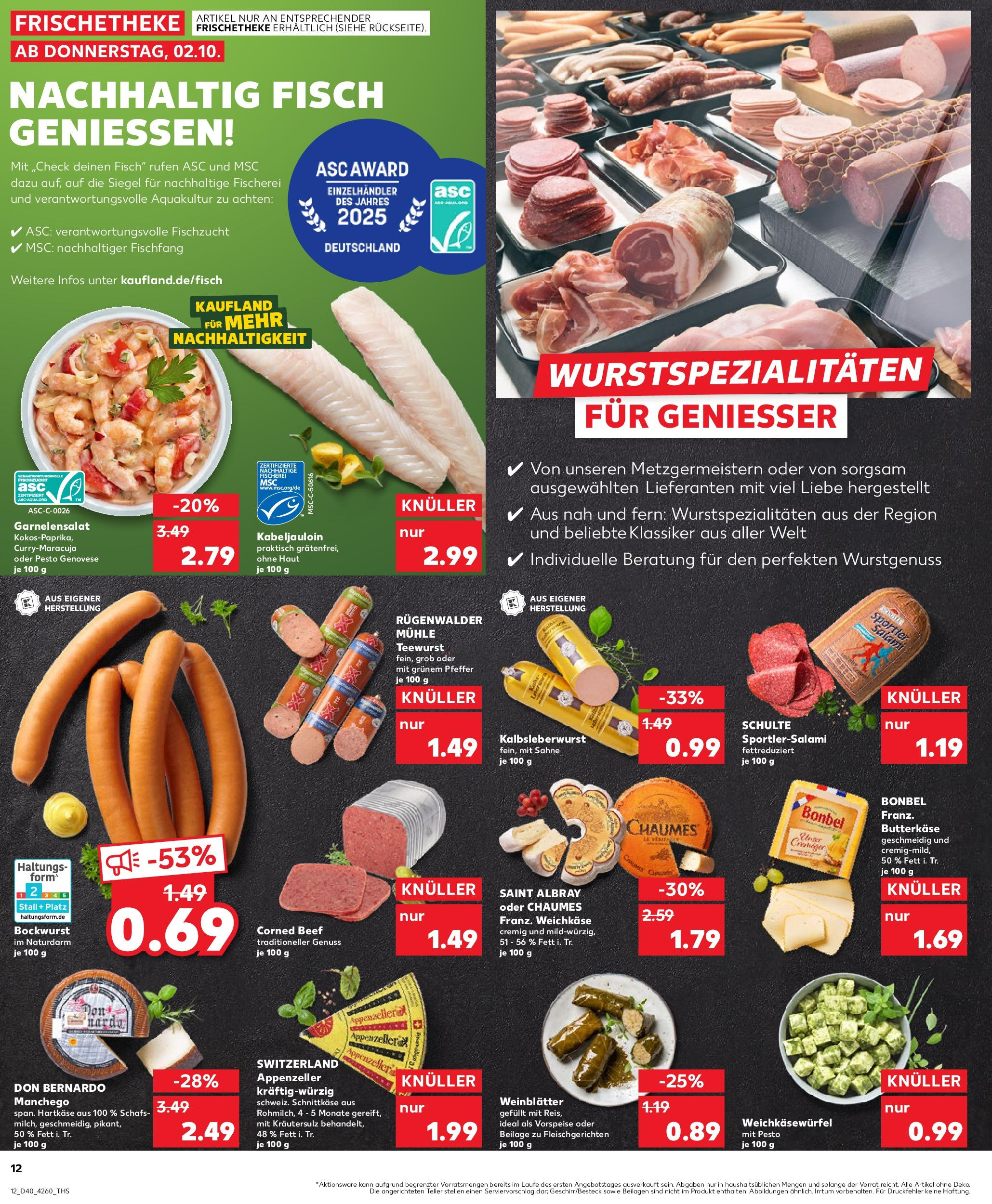 Prospekt Kaufland ab 02.10.2025 » Angebote Online zum Blättern | Seite: 12 | Produkte: Bockwurst, Mühle, Salami, Sahne