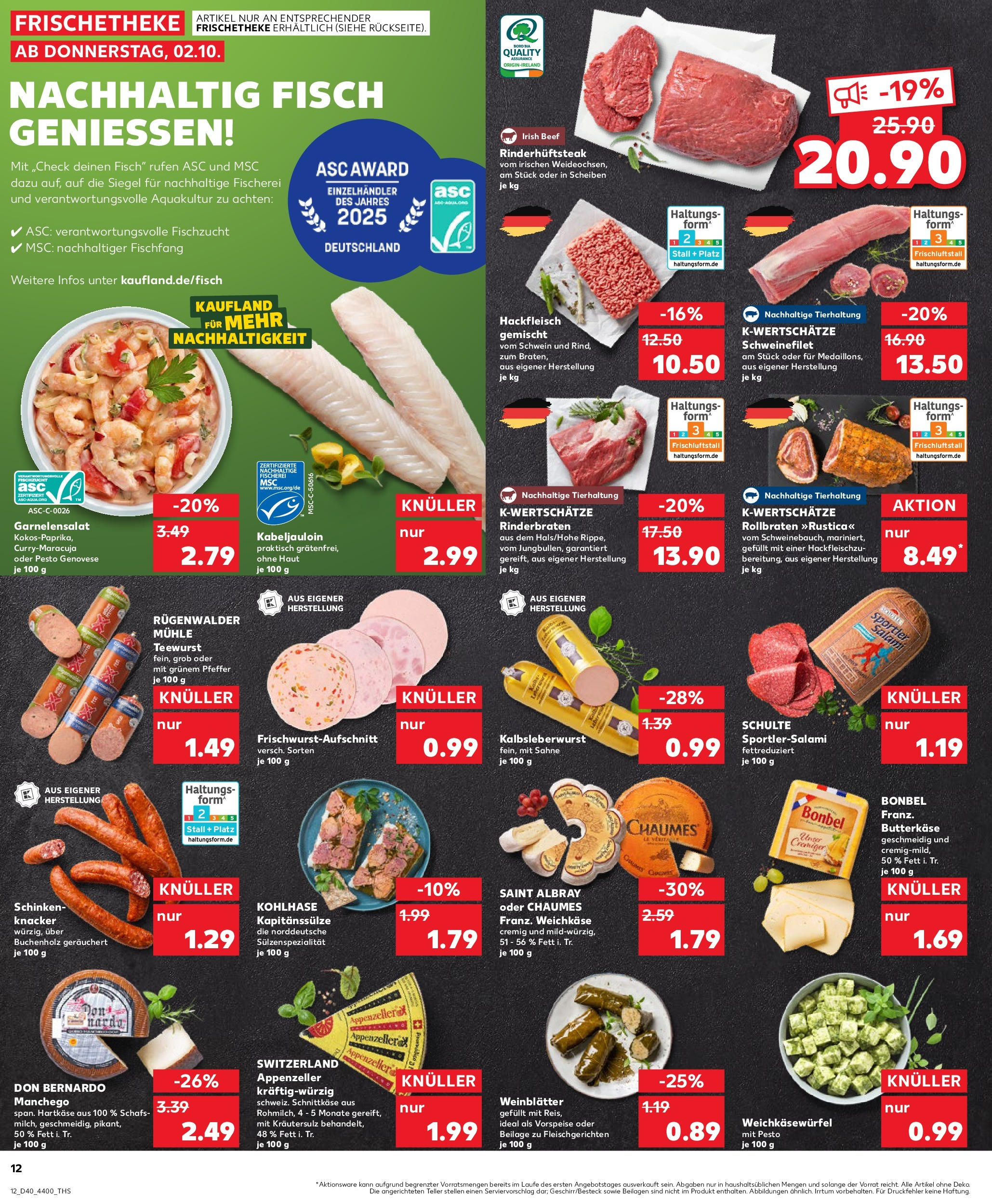 Prospekt Kaufland ab 02.10.2025 » Angebote Online zum Blättern | Seite: 12 | Produkte: Schweinefilet, Salami, Sahne, Hackfleisch