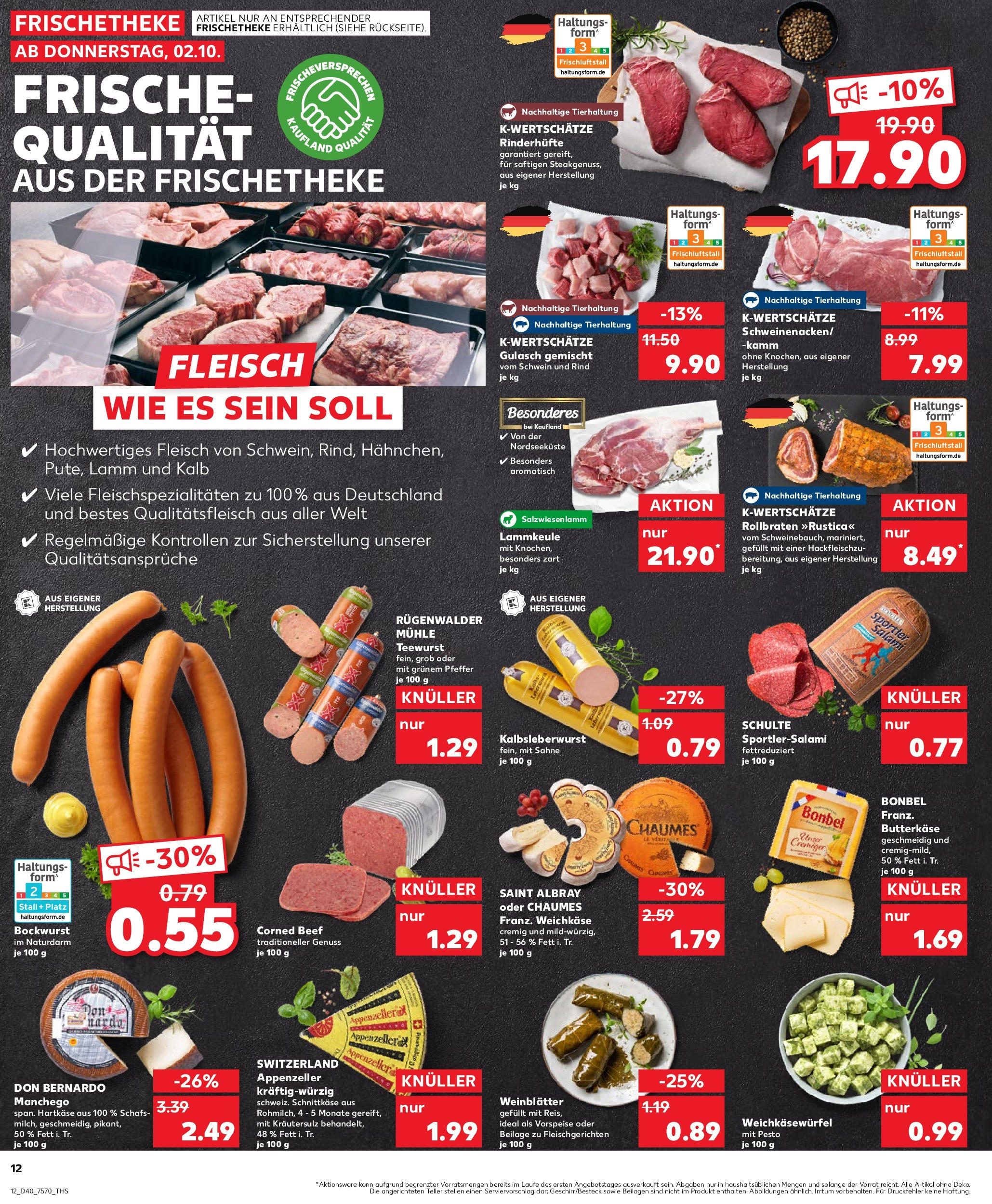 Prospekt Kaufland ab 02.10.2025 » Angebote Online zum Blättern | Seite: 12 | Produkte: Bockwurst, Lammkeule, Salami, Sahne