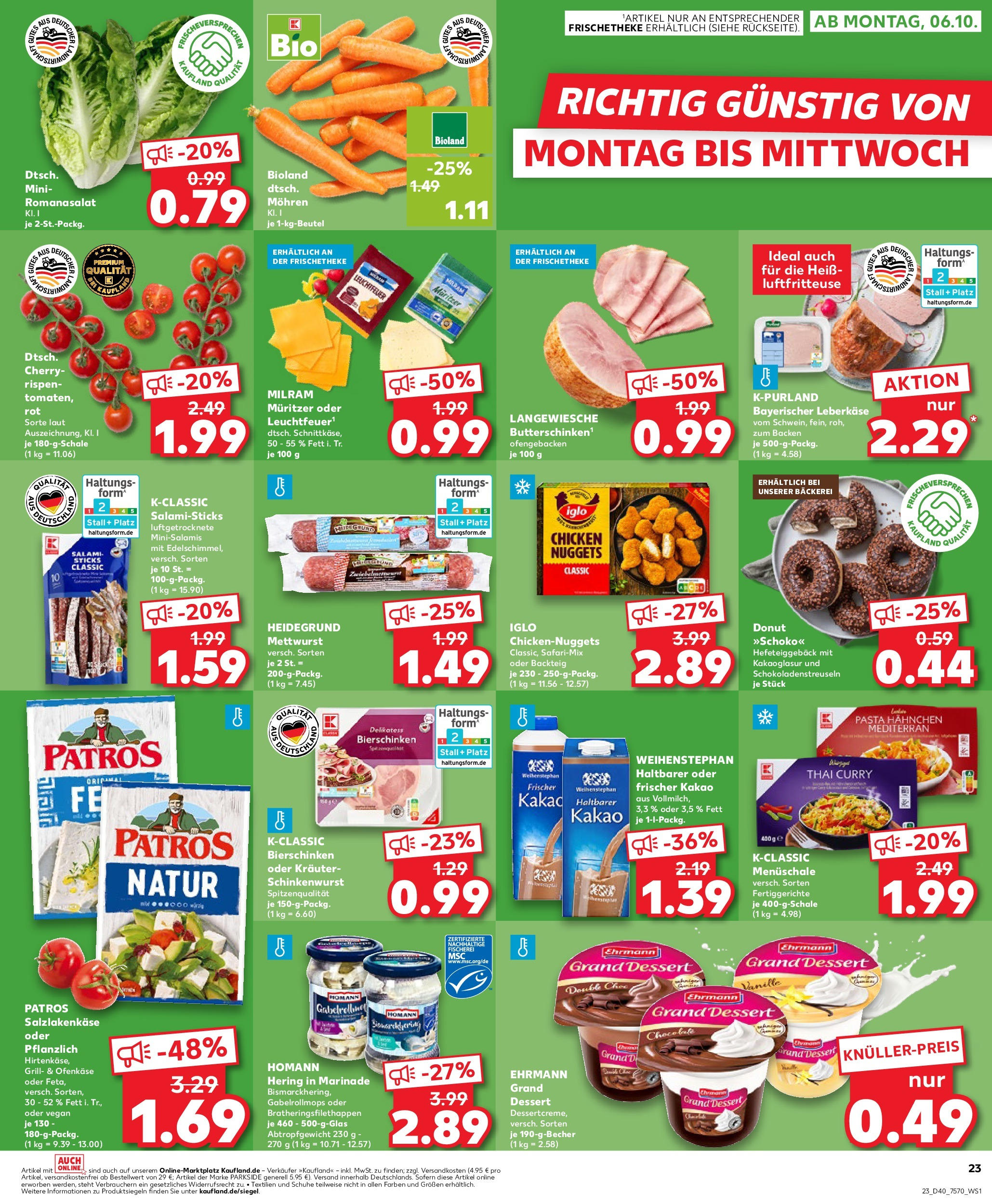 Prospekt Kaufland ab 02.10.2025 » Angebote Online zum Blättern | Seite: 23 | Produkte: Bäckerei, Ehrmann grand dessert, Patros, Salami