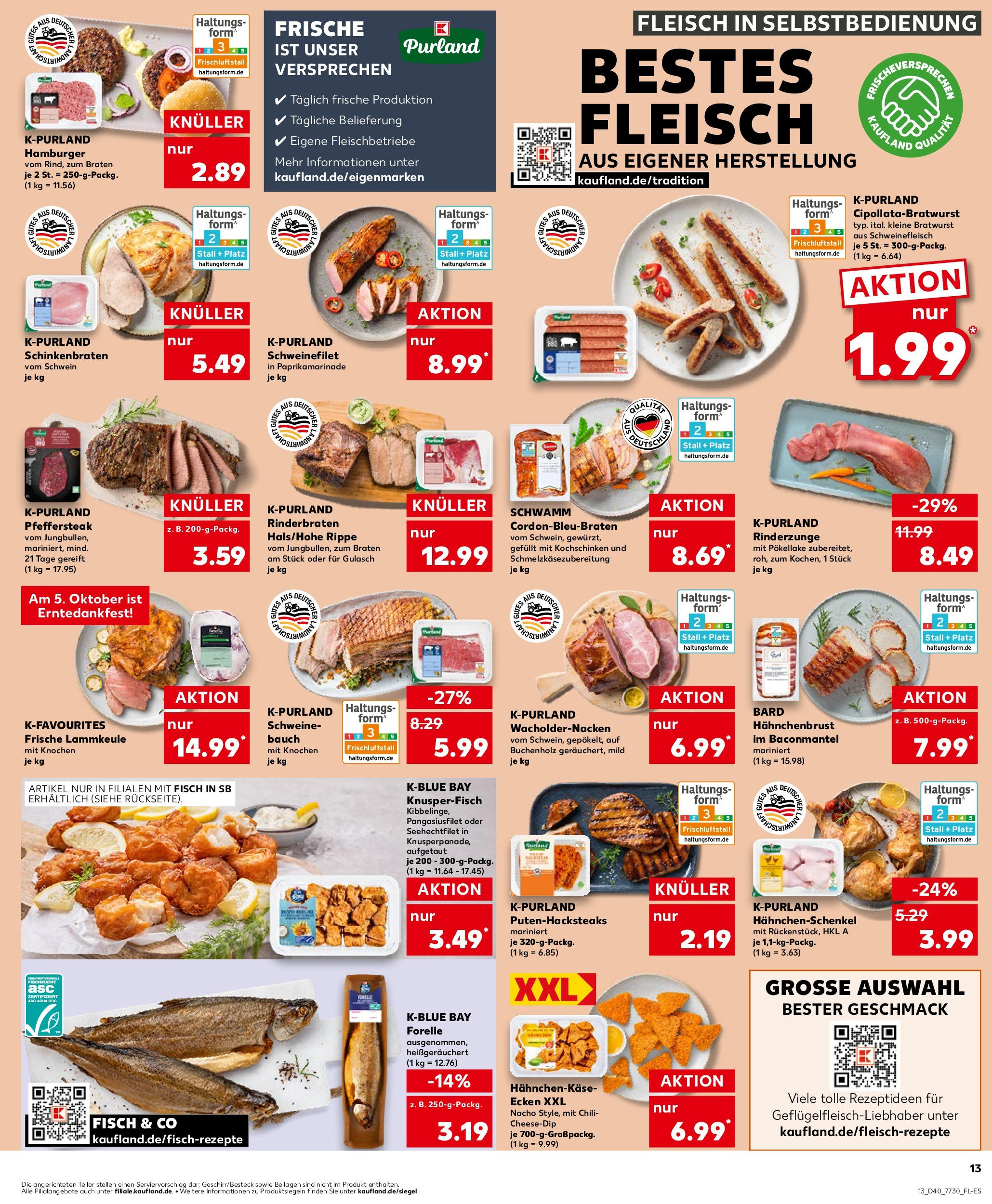 Prospekt Kaufland ab 02.10.2025 » Angebote Online zum Blättern | Seite: 13 | Produkte: Rinderbraten, Schweinebauch, Gulasch, Schweinefleisch