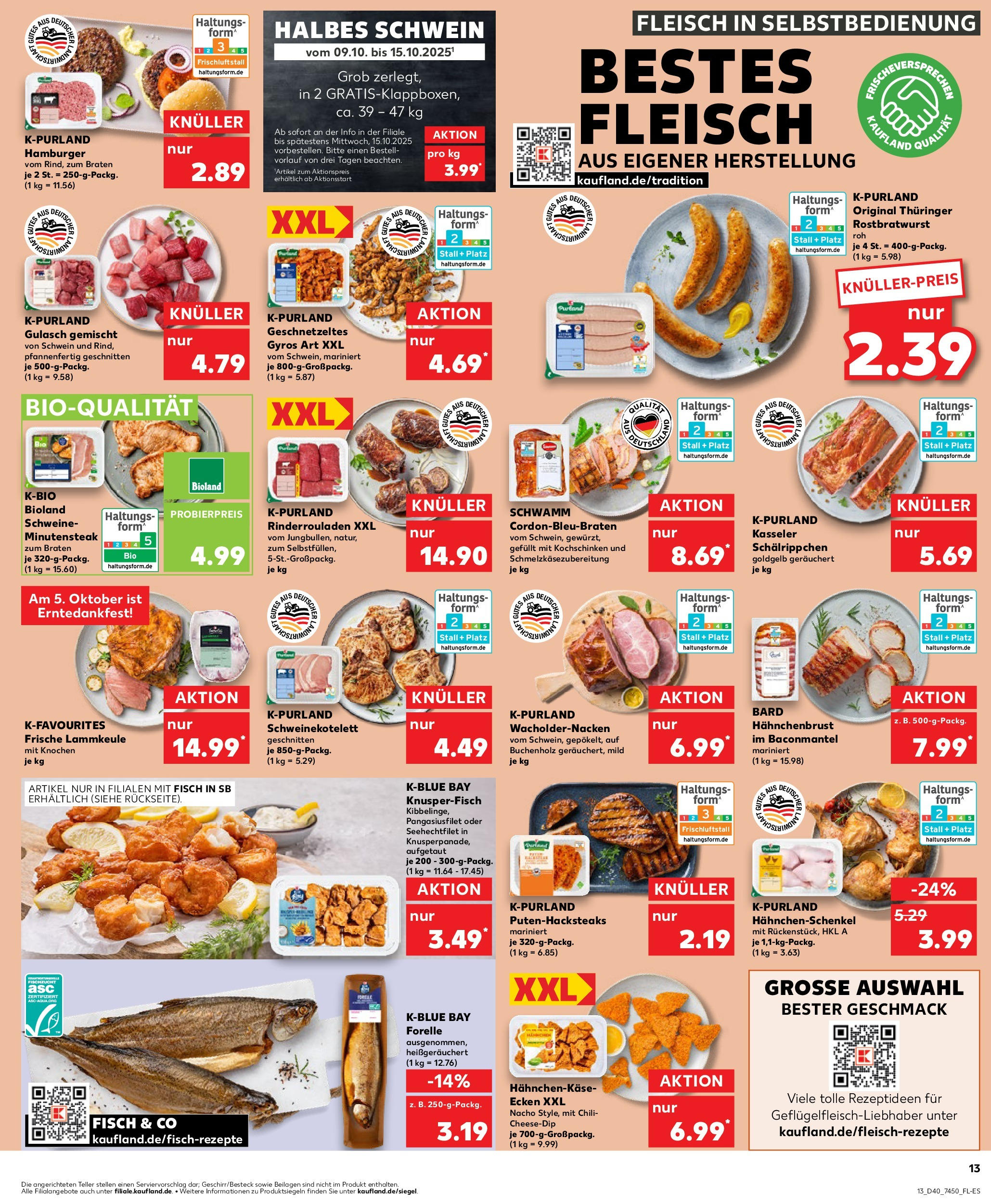 Prospekt Kaufland ab 02.10.2025 » Angebote Online zum Blättern | Seite: 13 | Produkte: Rinderrouladen, Lammkeule, Hahnchenschenkel, Gyros