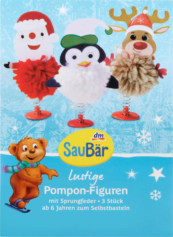 SauBär Lustige Pompon Figuren mit Sprungfeder Set zum Selbstbasteln 3tlg