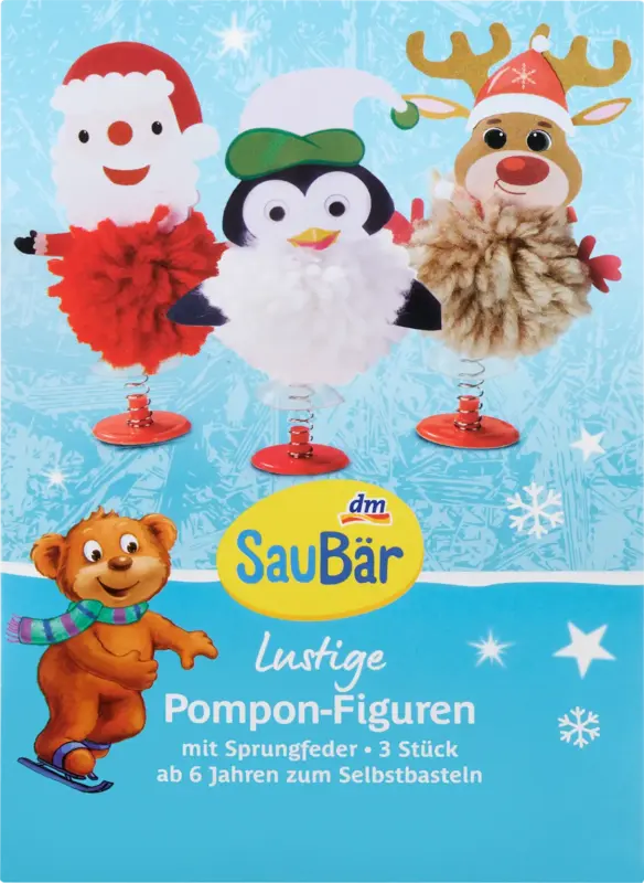 SauBär Lustige Pompon Figuren mit Sprungfeder Set zum Selbstbasteln 3tlg