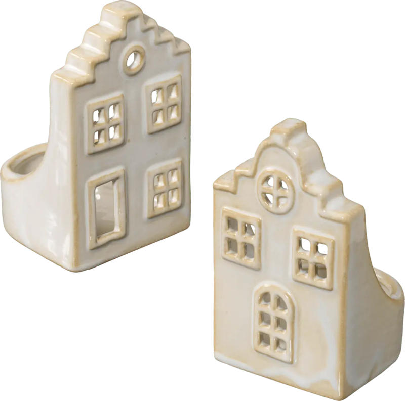 Dekorieren & Einrichten Teelichthalter aus Keramik, Giebelhaus, creme