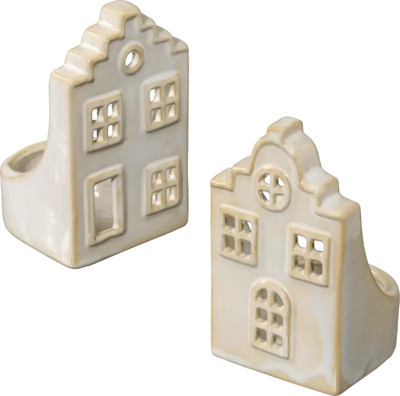 Dekorieren & Einrichten Teelichthalter aus Keramik, Giebelhaus, creme