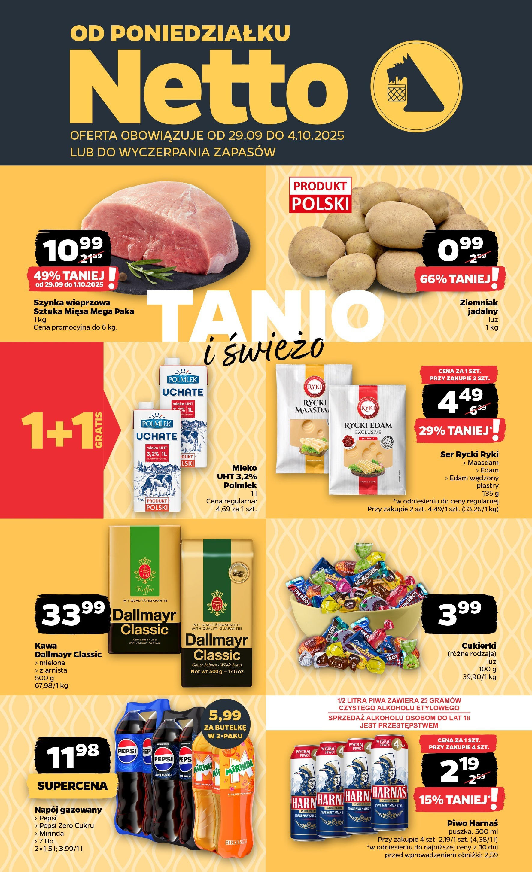 Netto gazetka - Spożywcza od 29.09.2025 - Aktualne promocje | Strona: 1 | Produkty: Pepsi, Szynka wieprzowa, Szynka, Mleko